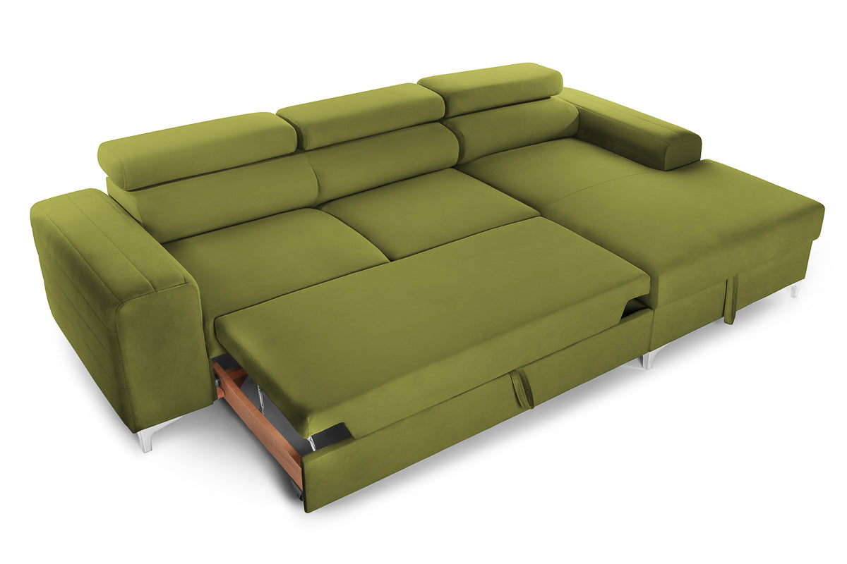 Colțar Extensibil LOFT, cu lada depozitare, tetiere reglabile, 295x170x95 cm, #color_Verde-Olive-Velluto