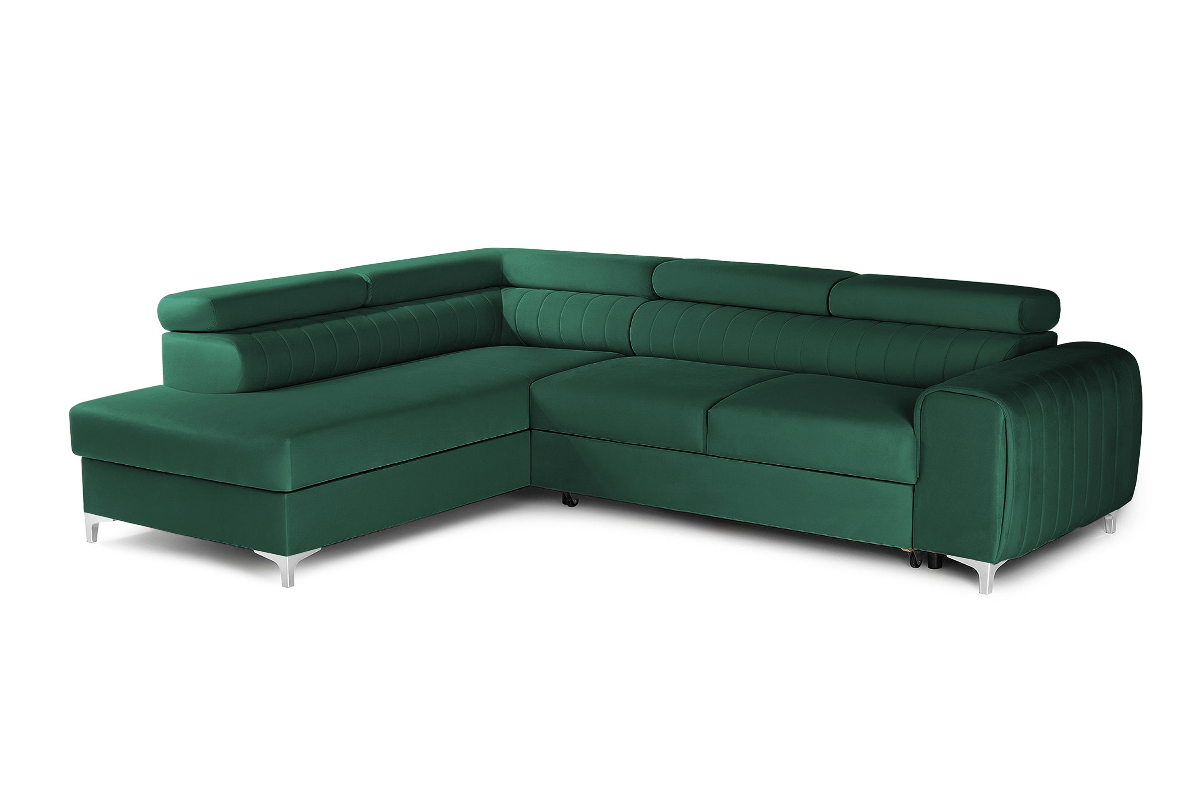 Colțar Extensibil TIME, cu lada depozitare, tetiere reglabile, 285x220x95 cm, #color_Verde-Padure-Velluto