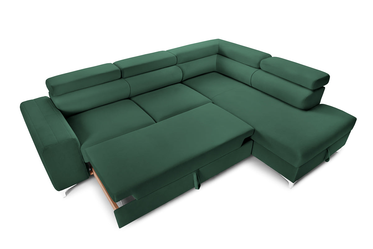 Colțar Extensibil TIME, cu lada depozitare, tetiere reglabile, 285x220x95 cm, #color_Verde-Padure-Velluto