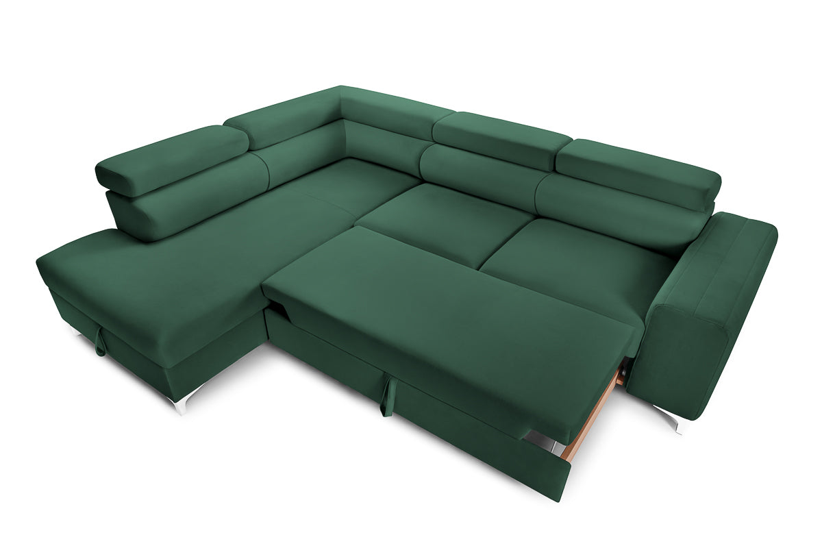 Colțar Extensibil TIME, cu lada depozitare, tetiere reglabile, 285x220x95 cm, #color_Verde-Padure-Velluto