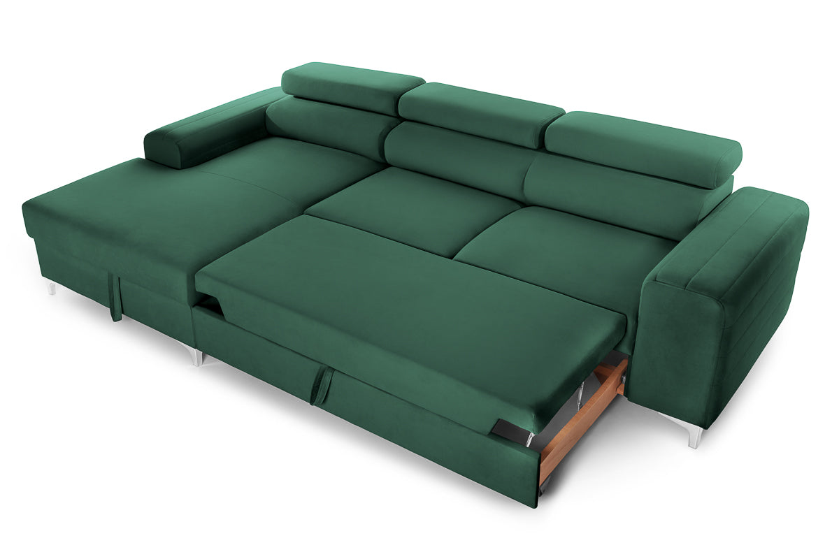 Colțar Extensibil LOFT, cu lada depozitare, tetiere reglabile, 295x170x95 cm, #color_Verde-Padure-Velluto