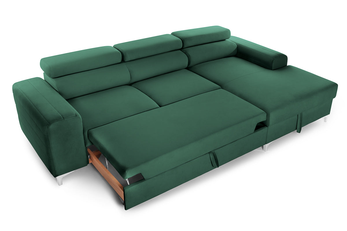 Colțar Extensibil LOFT, cu lada depozitare, tetiere reglabile, 295x170x95 cm, #color_Verde-Padure-Velluto