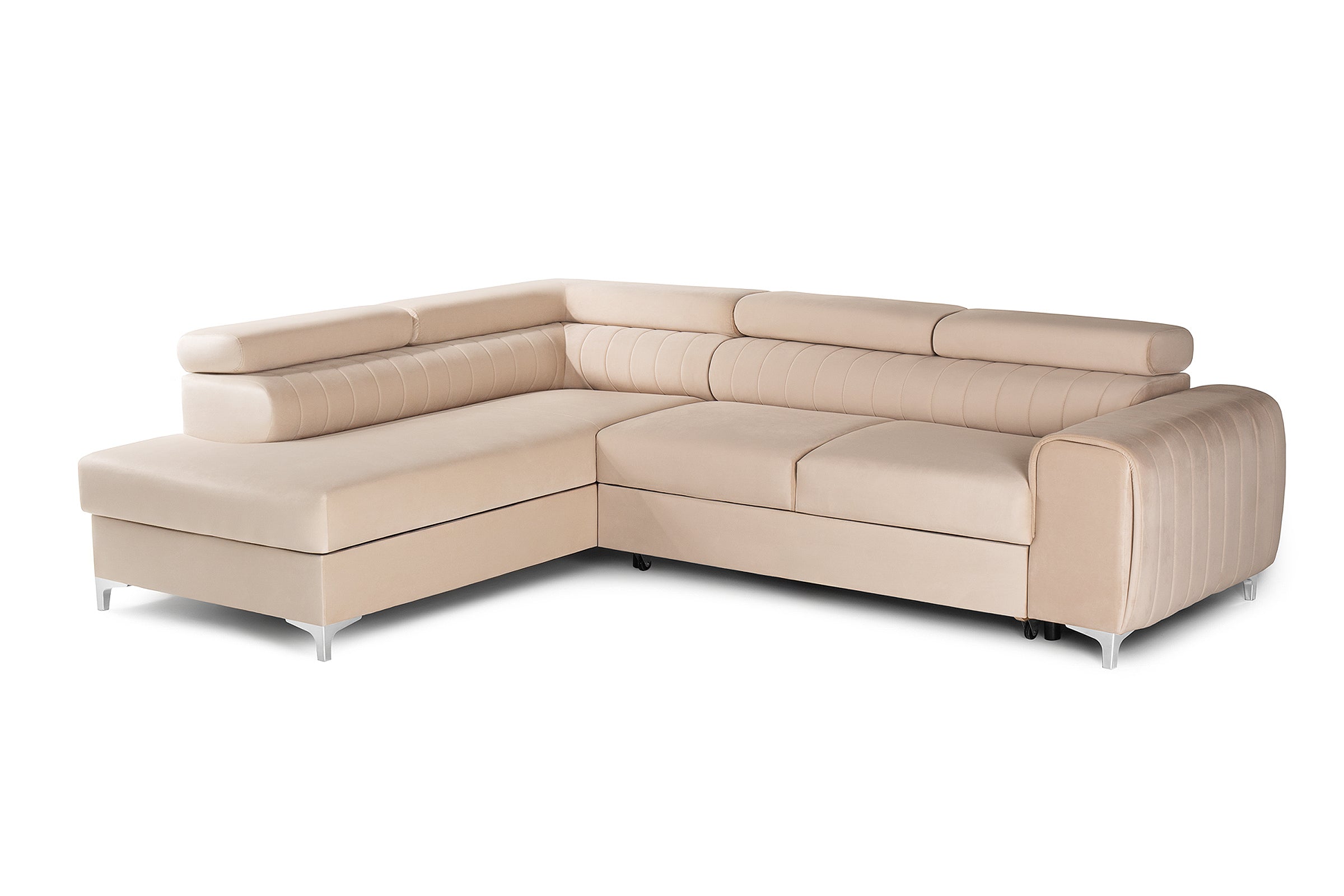 Colțar Extensibil TIME, cu lada depozitare, tetiere reglabile, 285x220x95 cm, #color_Bej-Velluto