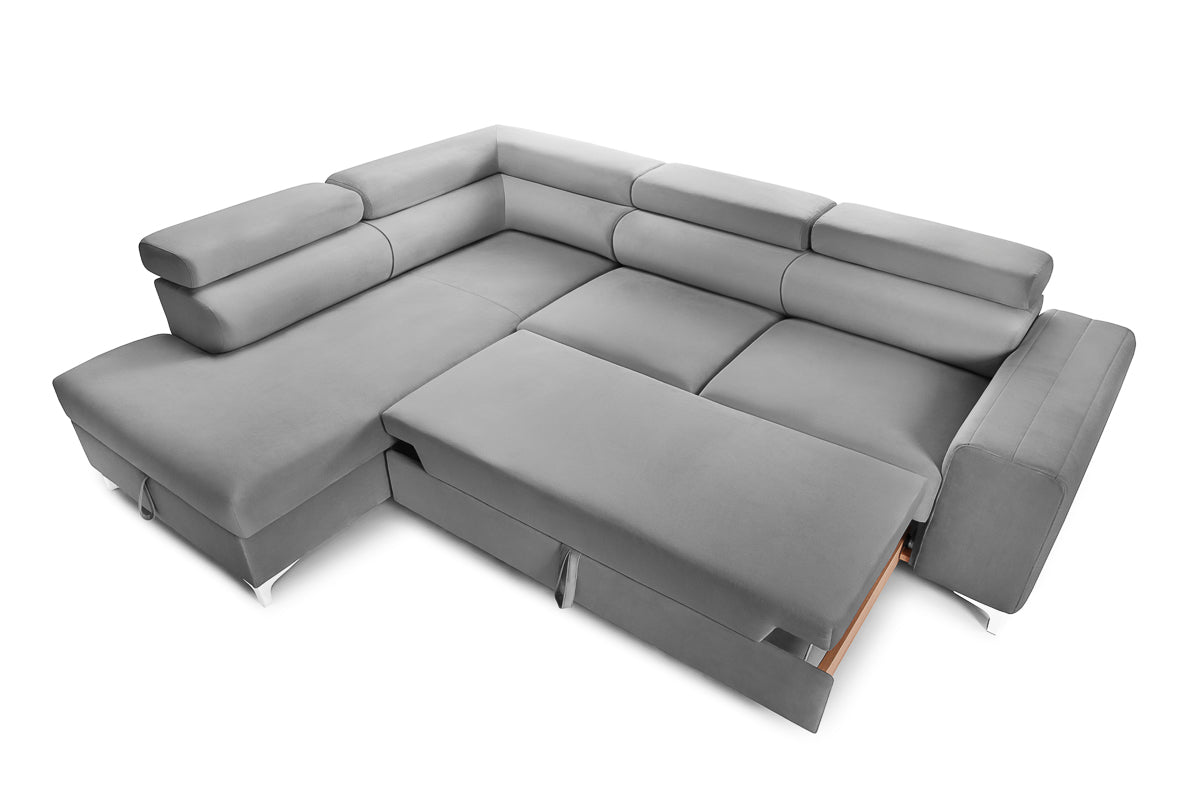 Colțar Extensibil TIME, cu lada depozitare, tetiere reglabile, 285x220x95 cm, #color_Gri-Silver-Velluto