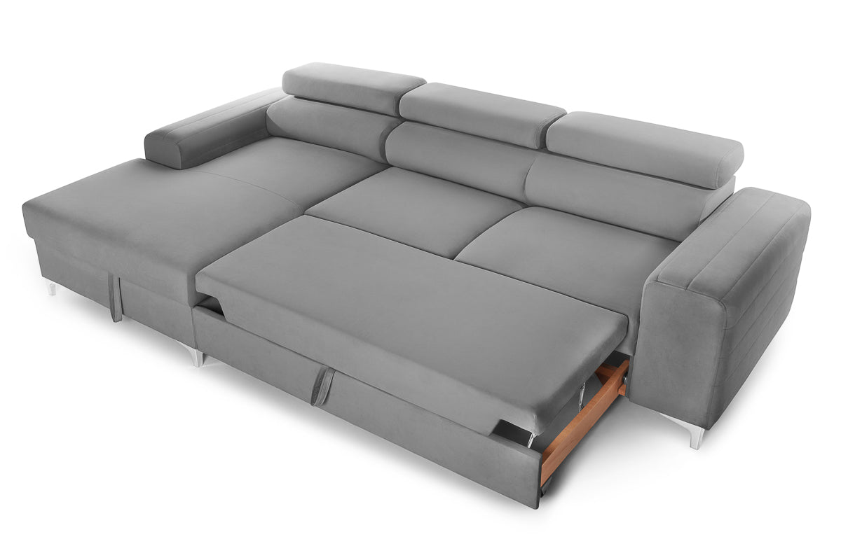 Colțar Extensibil LOFT, cu lada depozitare, tetiere reglabile, 295x170x95 cm, #color_Gri-Silver-Velluto