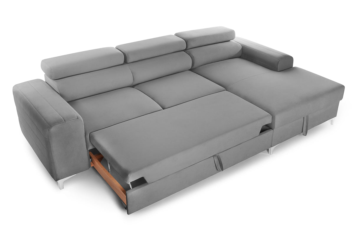 Colțar Extensibil LOFT, cu lada depozitare, tetiere reglabile, 295x170x95 cm, #color_Gri-Silver-Velluto