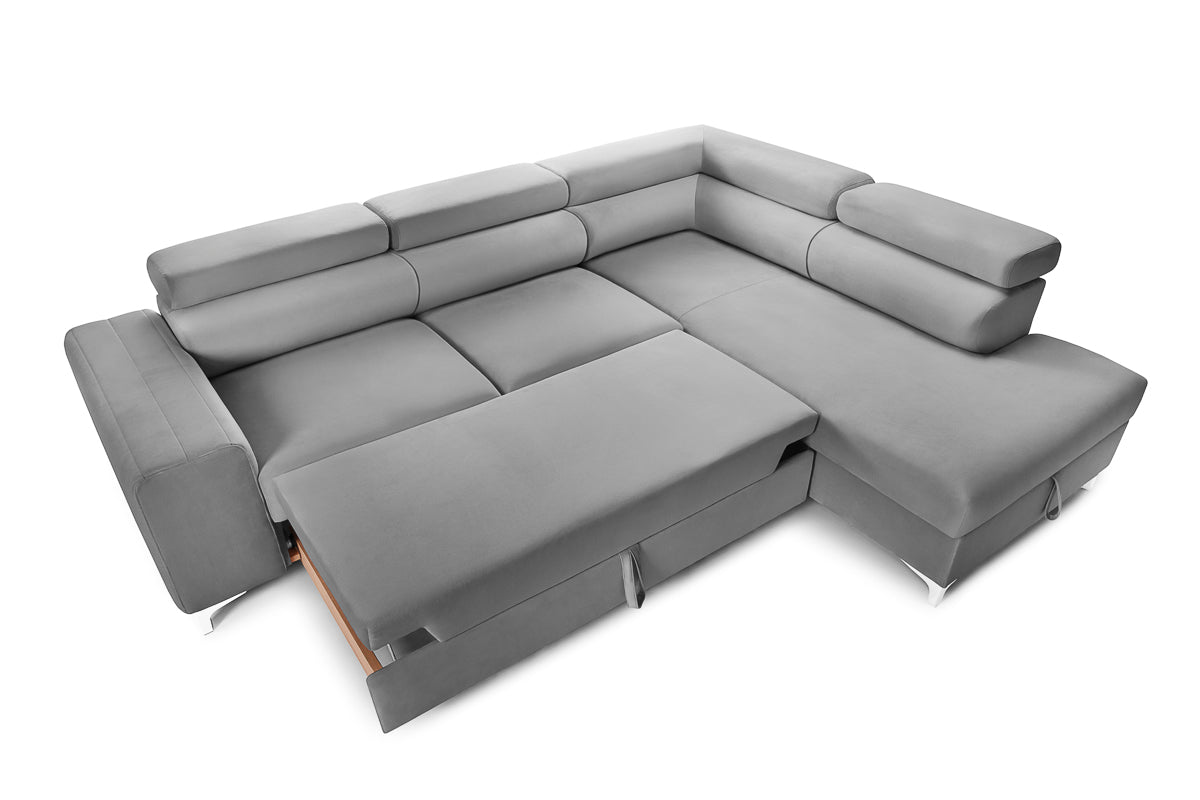Colțar Extensibil TIME, cu lada depozitare, tetiere reglabile, 285x220x95 cm, #color_Gri-Silver-Velluto