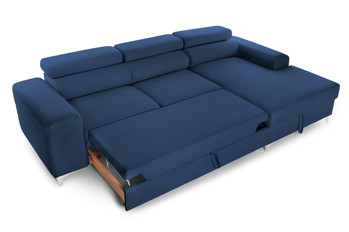Colțar Extensibil LOFT, cu lada depozitare, tetiere reglabile, 295x170x95 cm, #color_Albastru-Velluto