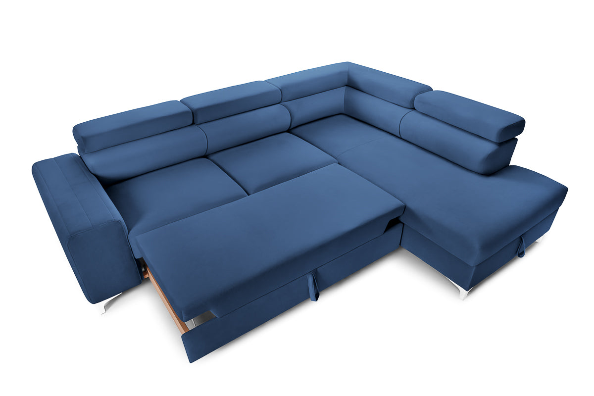 Colțar Extensibil TIME, cu lada depozitare, tetiere reglabile, 285x220x95 cm, #color_Albastru-Velluto
