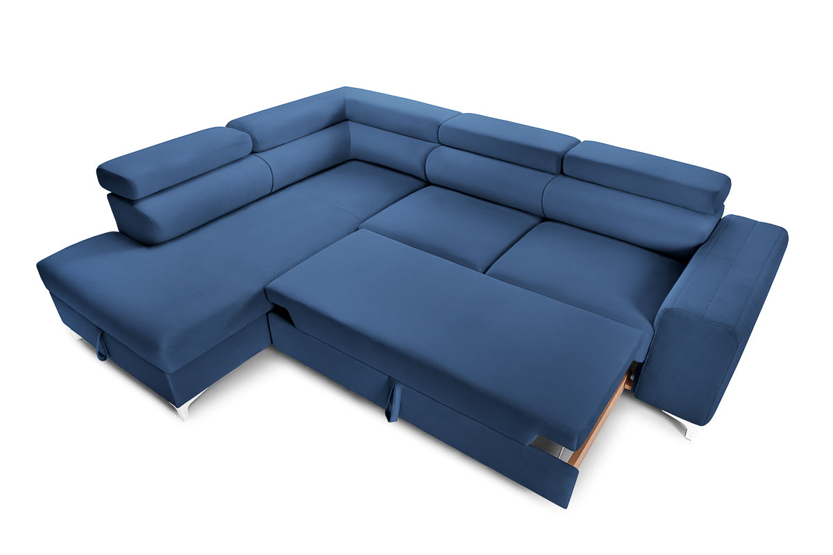 Colțar Extensibil TIME, cu lada depozitare, tetiere reglabile, 285x220x95 cm, #color_Albastru-Velluto