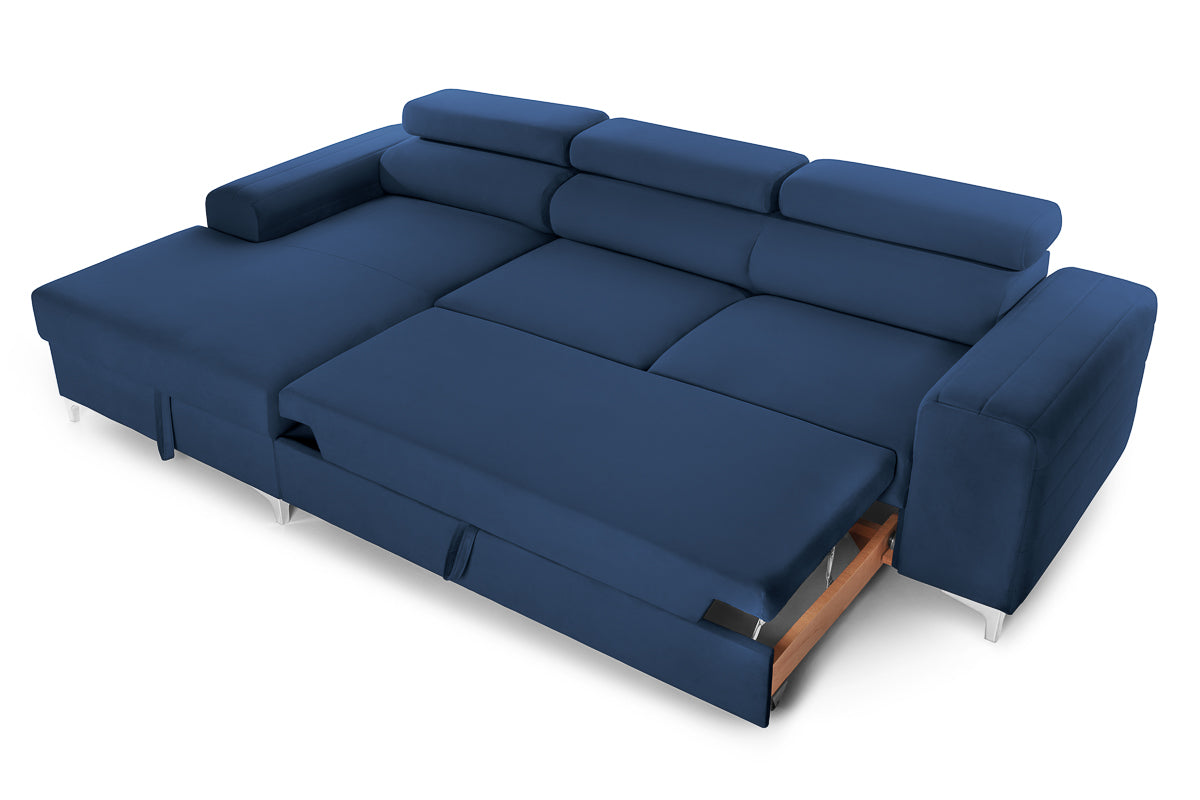 Colțar Extensibil LOFT, cu lada depozitare, tetiere reglabile, 295x170x95 cm, #color_Albastru-Velluto