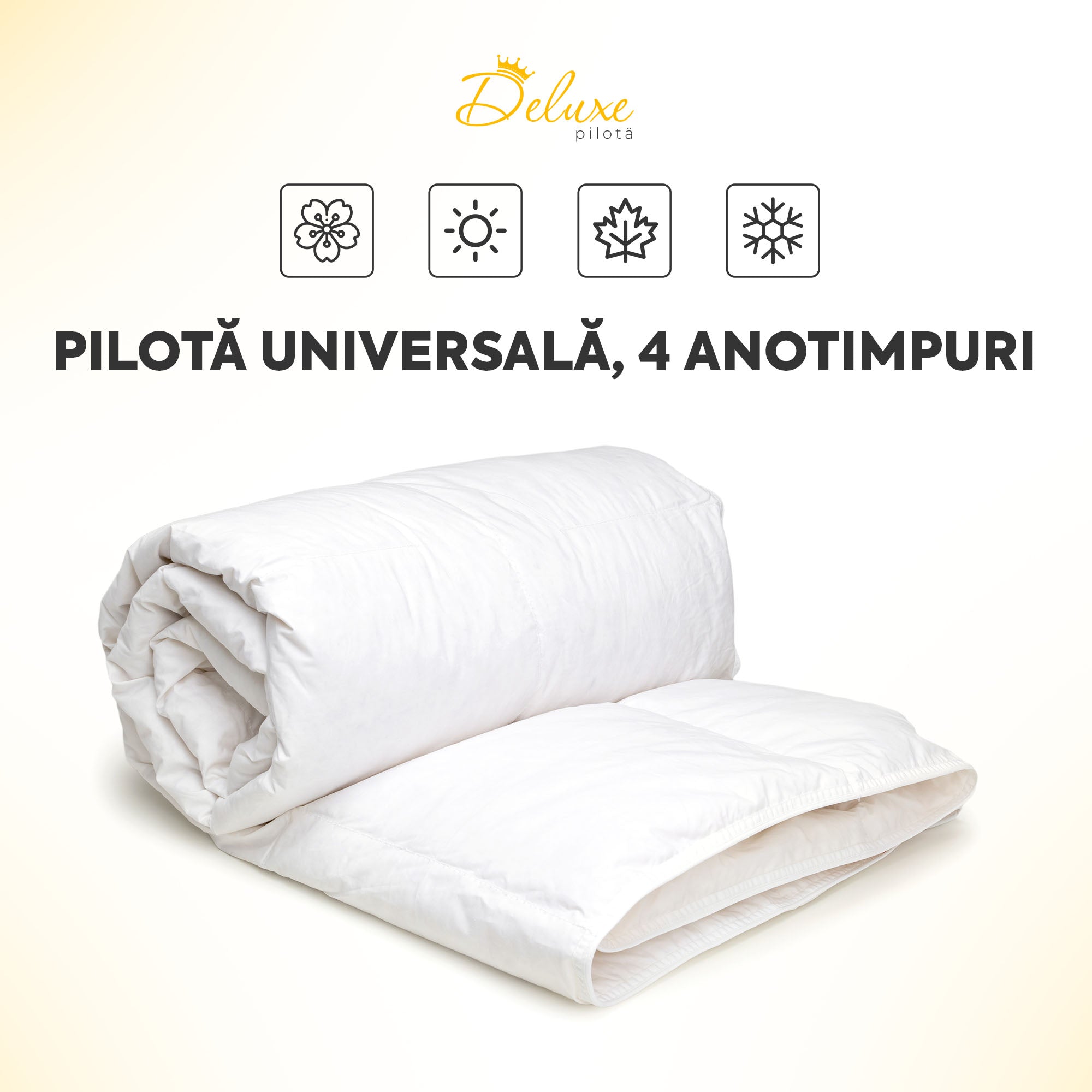 Pilotă Deluxe, 4 anotimpuri, cu pene și puf de gâscă, husă bumbac, 200x200 cm-Pilotă-Prestige Home-Prestige Home