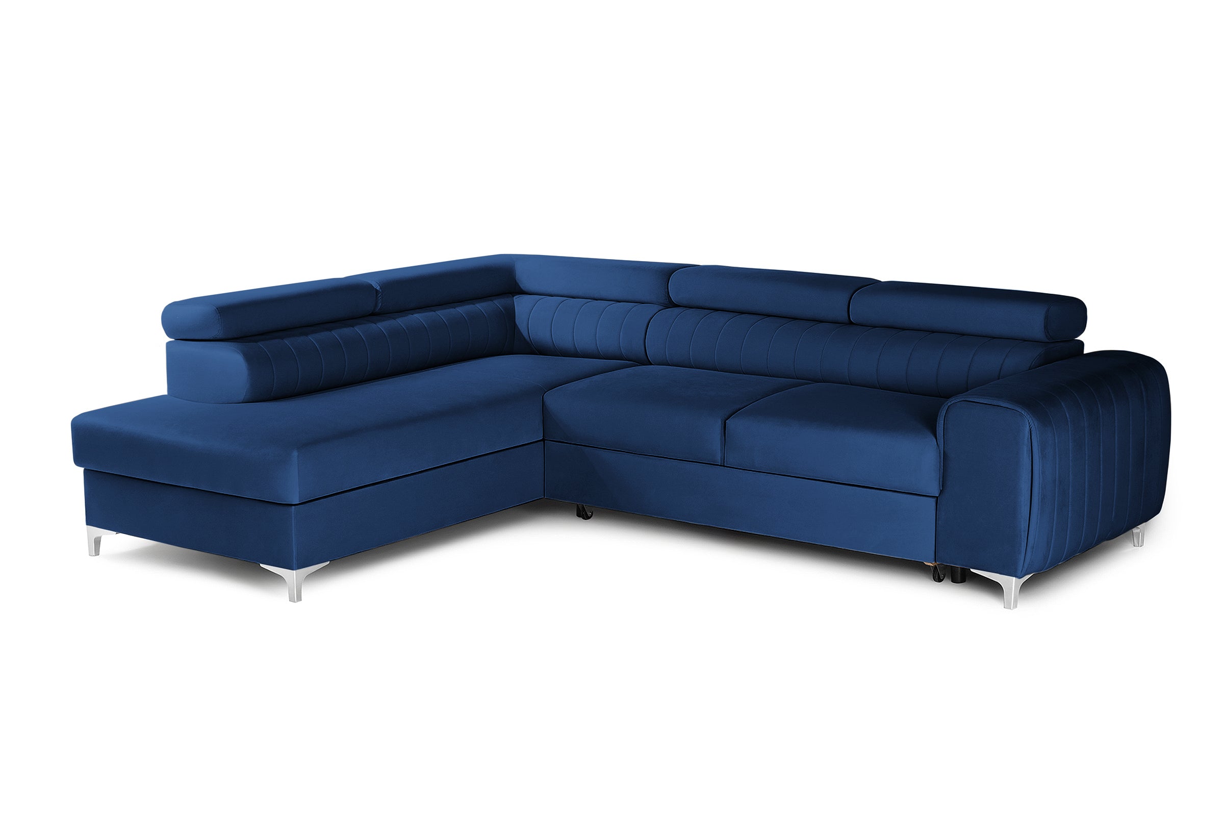 Colțar Extensibil TIME, cu lada depozitare, tetiere reglabile, 285x220x95 cm, #color_Albastru-Velluto