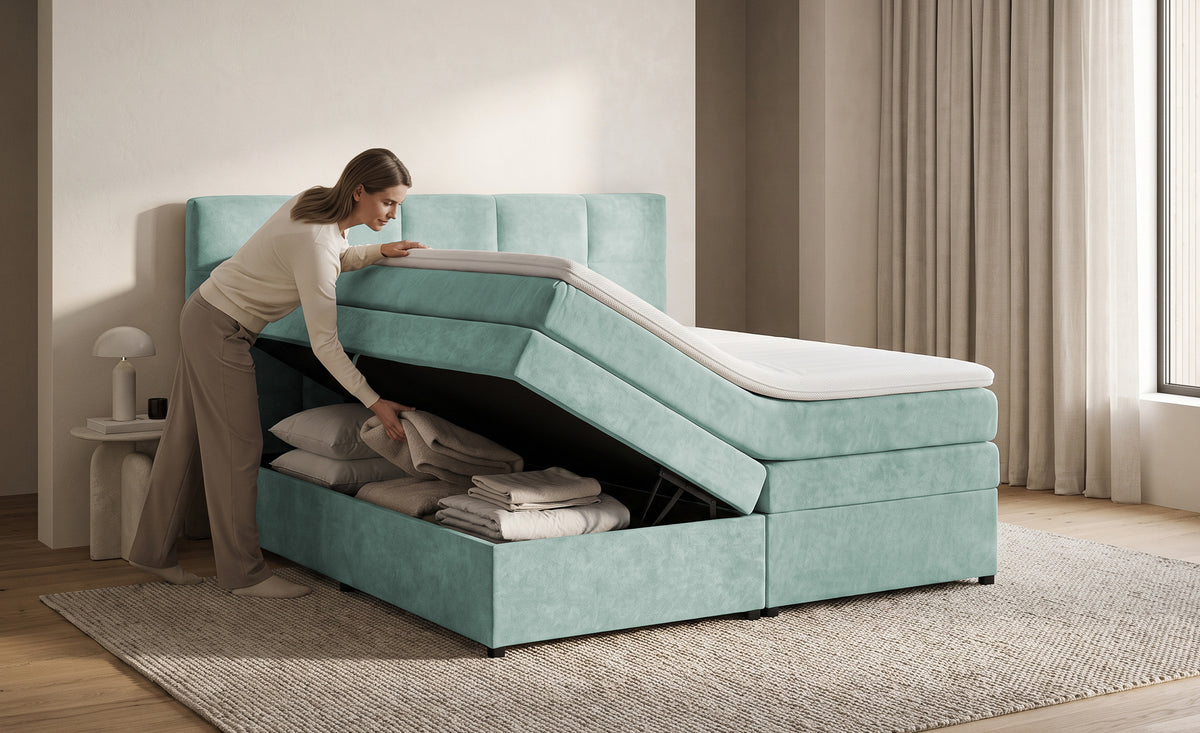 Pat Boxspring Gibson, cu lada de depozitare, Menta, Prestigehome.ro, Prestige, #Color_Menta-Enjoy