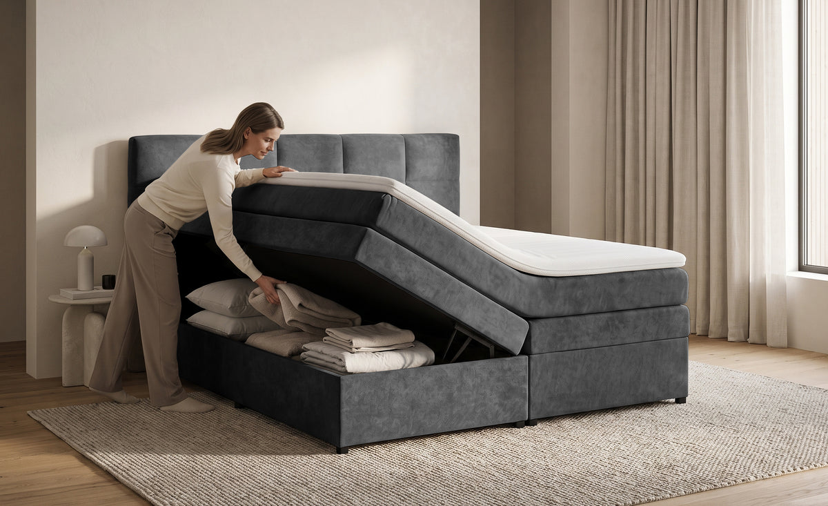 Pat Boxspring Gibson, cu lada de depozitare, Bej, Prestigehome.ro, Prestige, #Color_Gri-Inchis-Enjoy