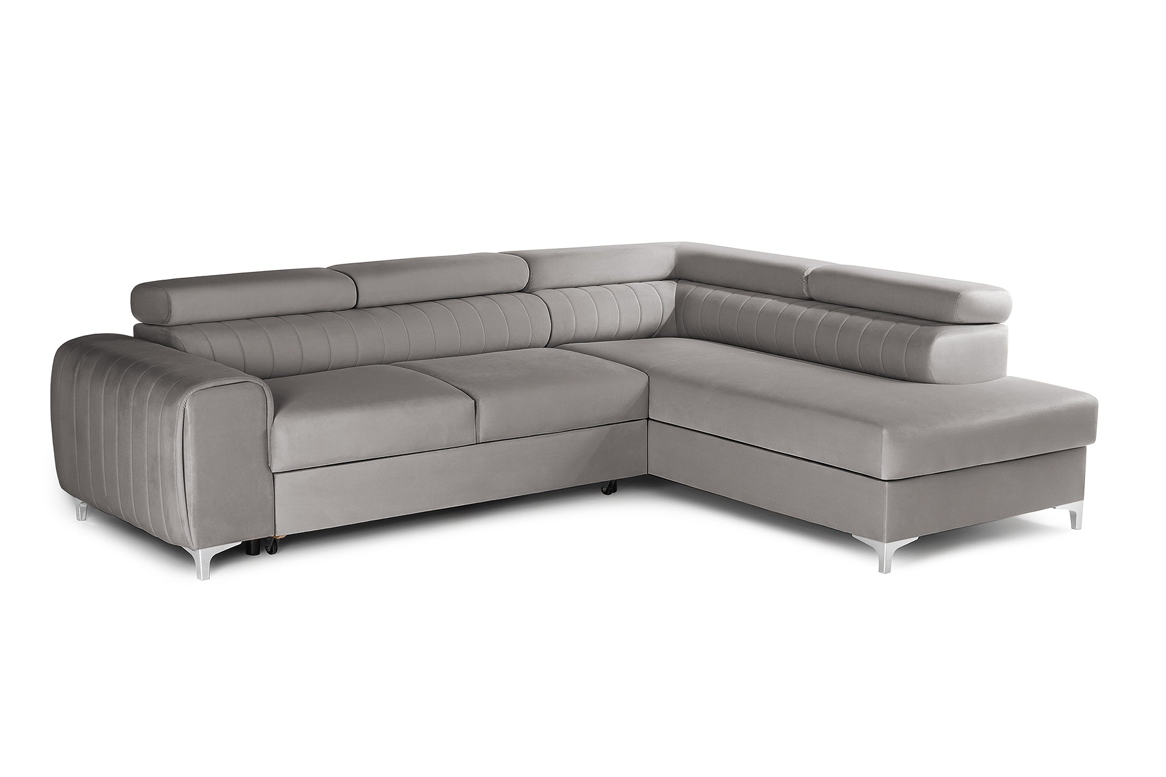 Colțar Extensibil TIME, cu lada depozitare, tetiere reglabile, 285x220x95 cm, #color_Gri-Silver-Velluto