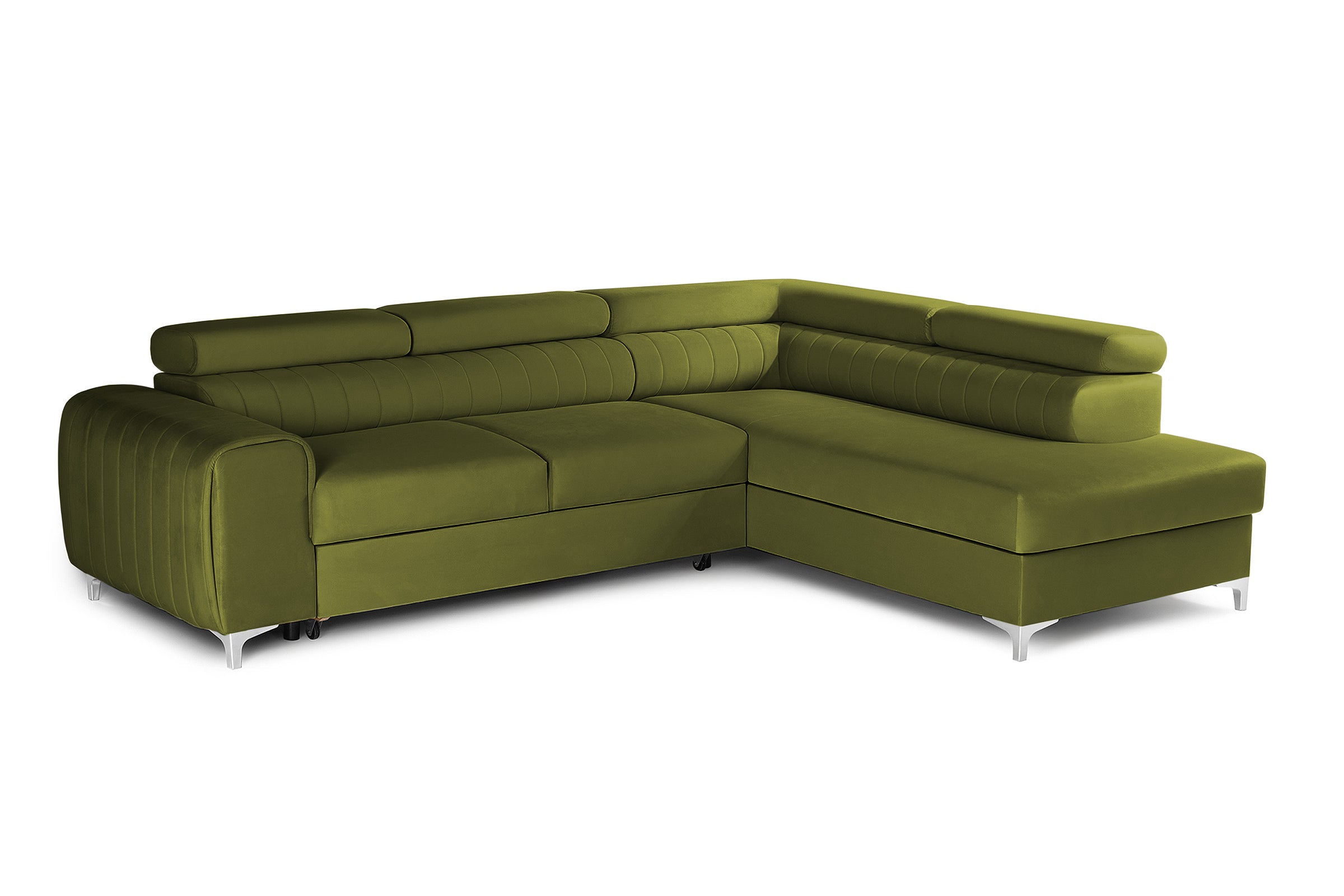 Colțar Extensibil TIME, cu lada depozitare, tetiere reglabile, 285x220x95 cm, #color_Verde-Olive-Velluto