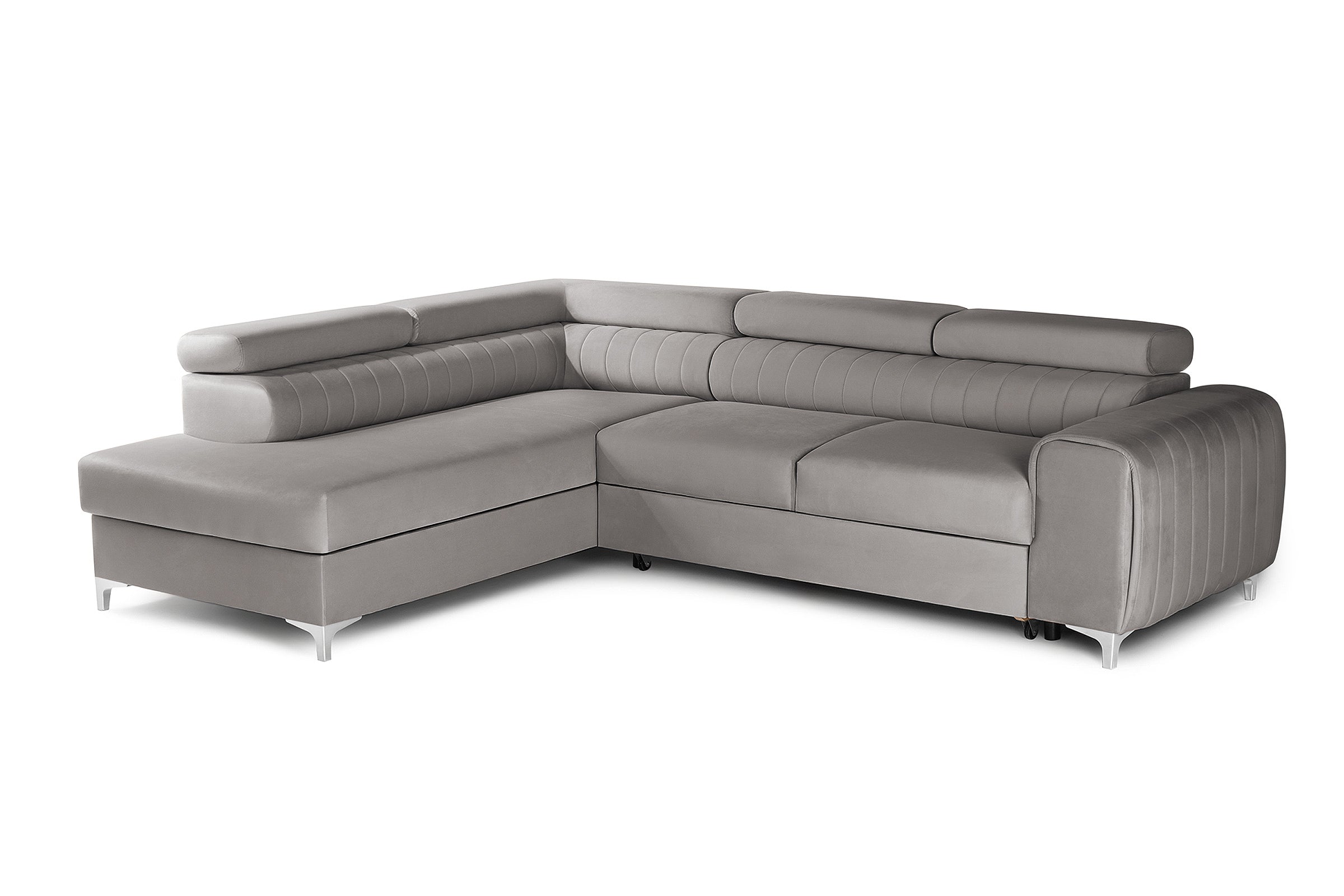 Colțar Extensibil TIME, cu lada depozitare, tetiere reglabile, 285x220x95 cm, #color_Gri-Silver-Velluto