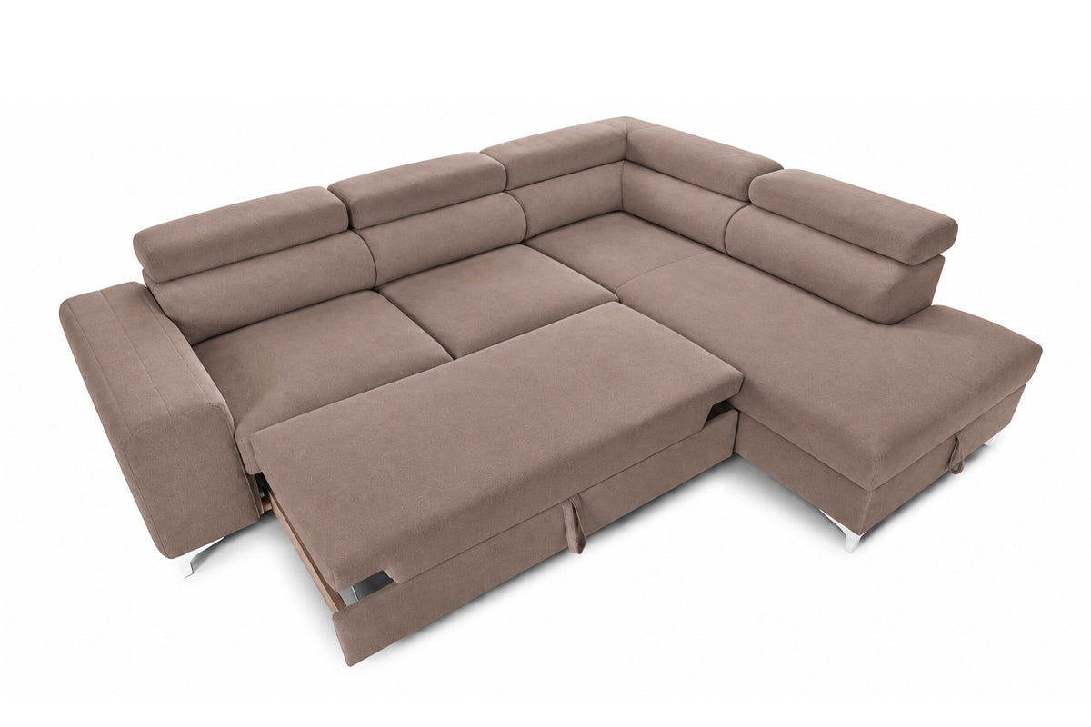 Colțar Extensibil TIME, cu lada depozitare, tetiere reglabile, varianta pe dreapta, 285x220x95 cm, Maro Deschis - Outlet