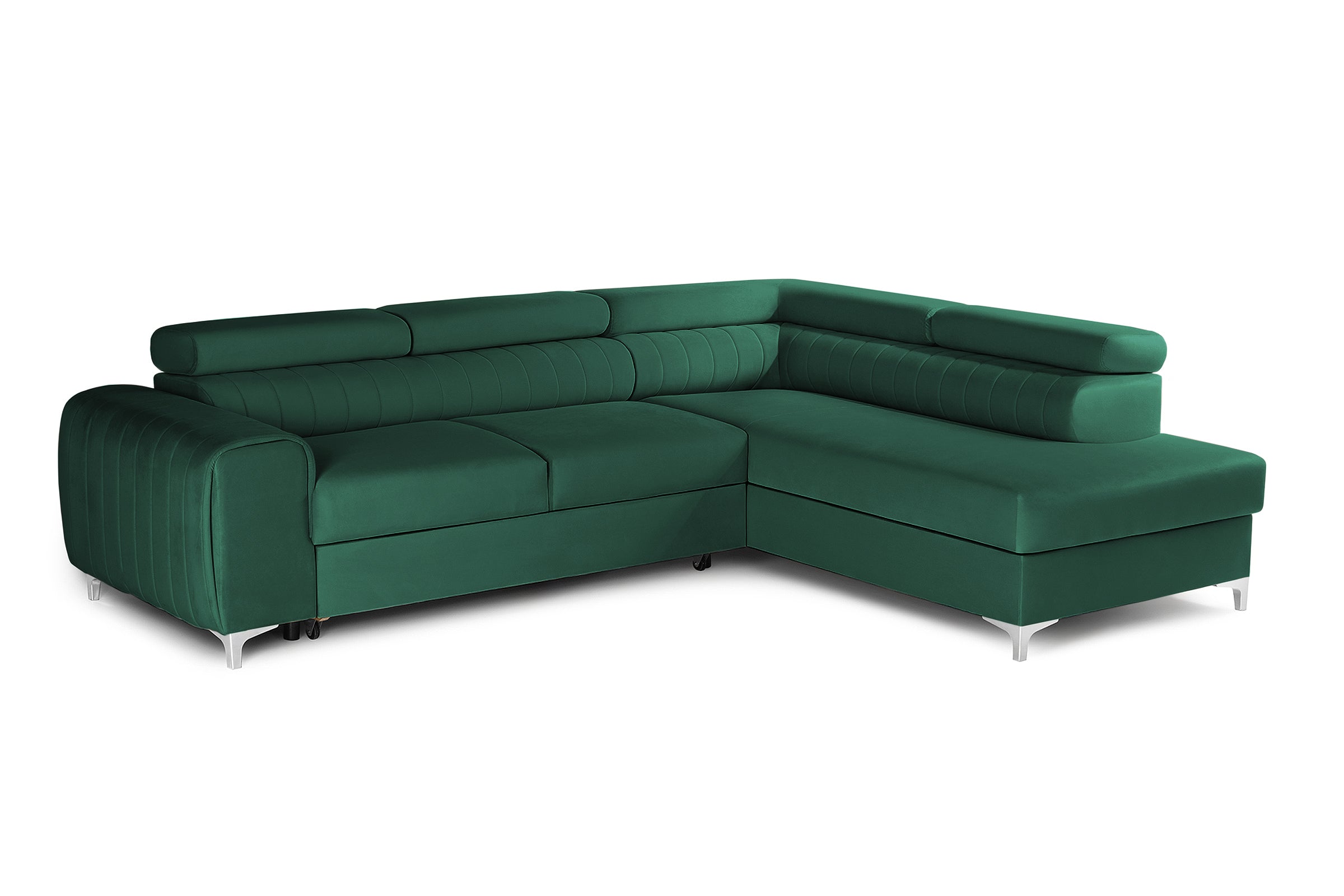 Colțar Extensibil TIME, cu lada depozitare, tetiere reglabile, 285x220x95 cm, #color_Verde-Padure-Velluto