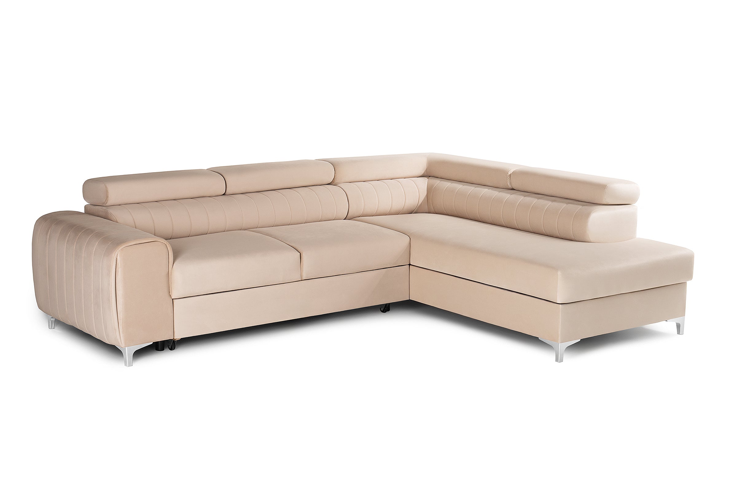 Colțar Extensibil TIME, cu lada depozitare, tetiere reglabile, 285x220x95 cm, #color_Bej-Velluto