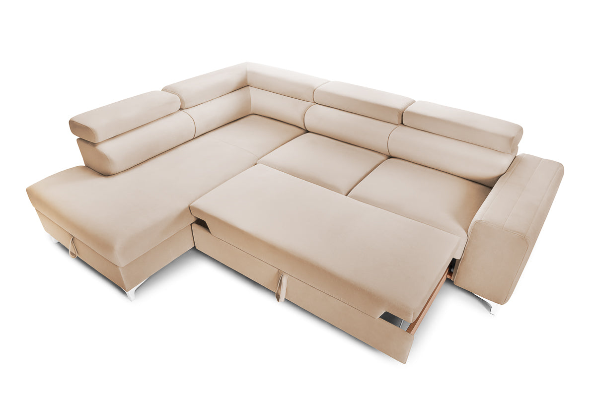 Colțar Extensibil TIME, cu lada depozitare, tetiere reglabile, 285x220x95 cm, #color_Bej-Velluto