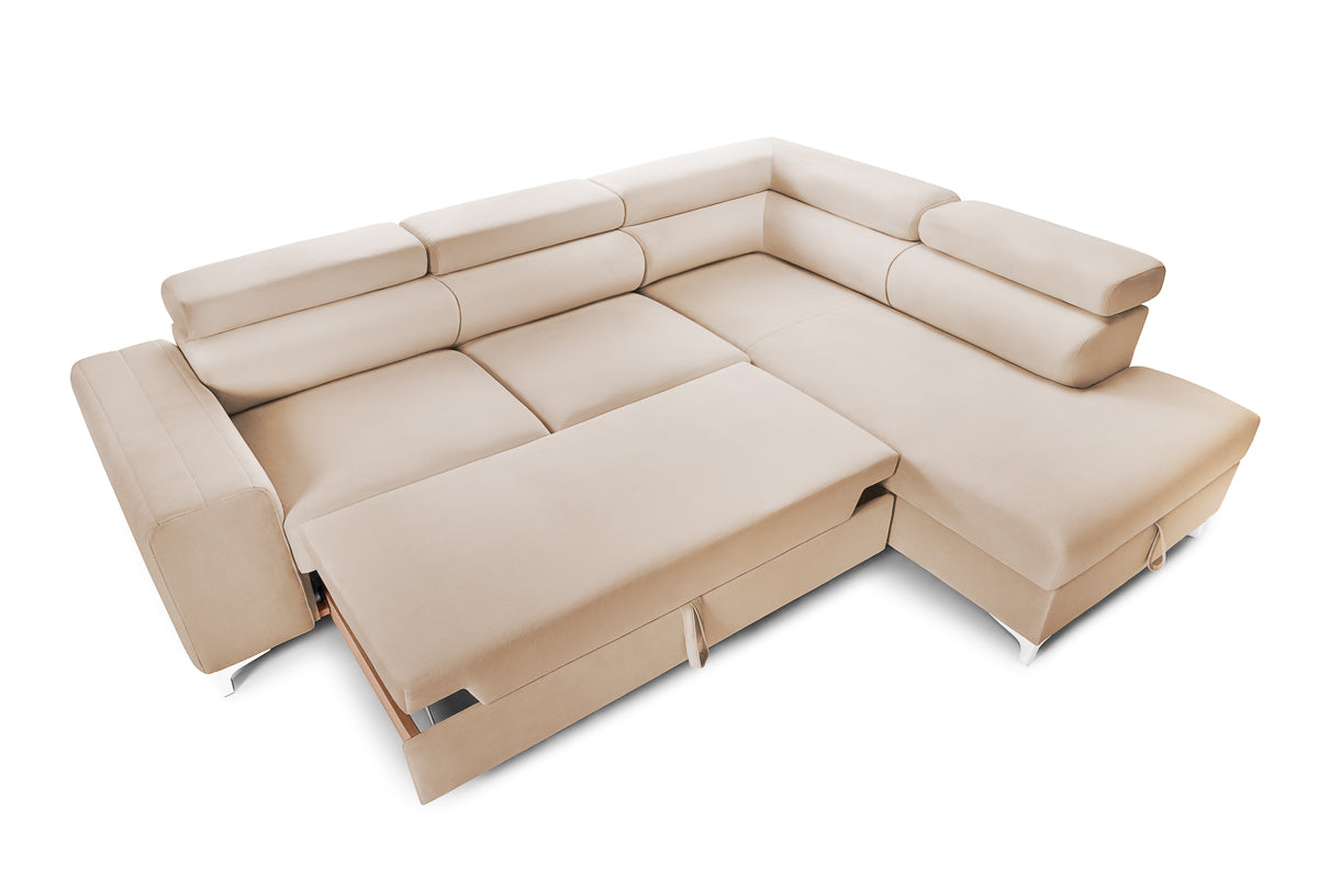 Colțar Extensibil TIME, cu lada depozitare, tetiere reglabile, 285x220x95 cm, #color_Bej-Velluto