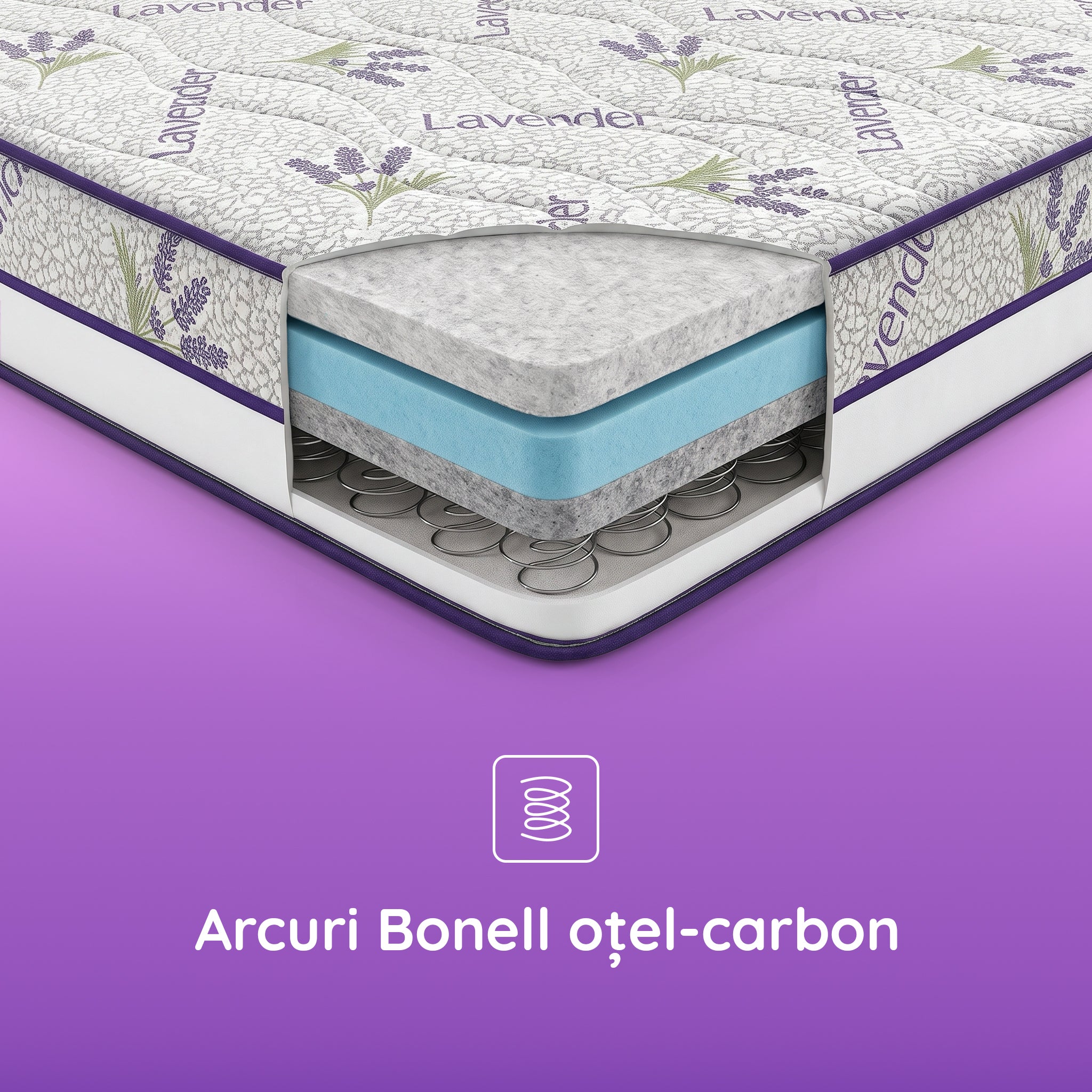 Saltea LAVENDER AIR HYGENE THERAPY,  husă detașabilă, superortopedică, cu spumă poliuretanică și arcuri, Grosime 25 cm - Prestige Home