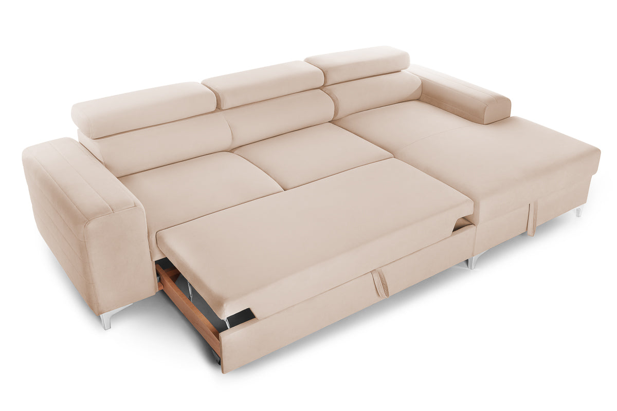 Colțar Extensibil LOFT, cu lada depozitare, tetiere reglabile, 295x170x95 cm, #color_Bej-Velluto