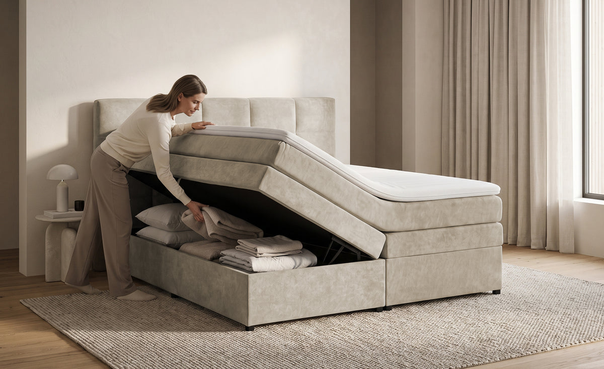 Pat Boxspring Gibson, cu lada de depozitare, Bej, Prestigehome.ro, Prestige, #Color_Bej-Enjoy