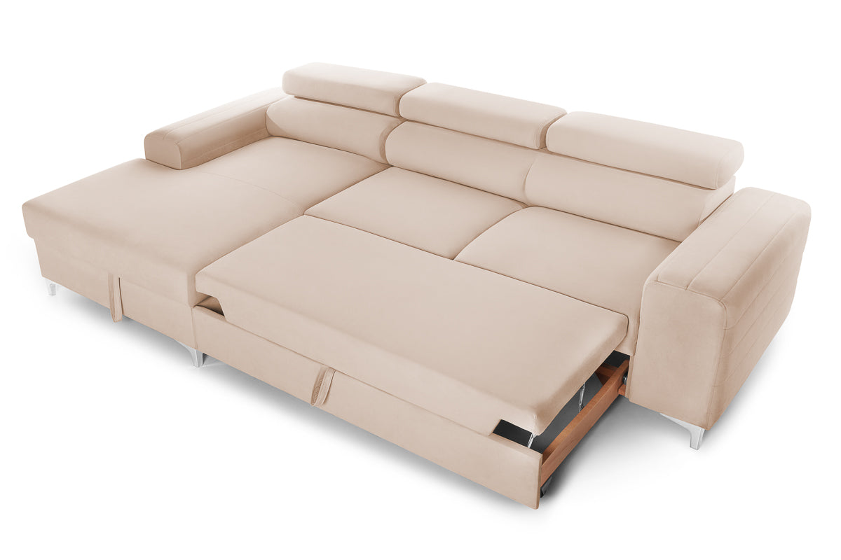 Colțar Extensibil LOFT, cu lada depozitare, tetiere reglabile, 295x170x95 cm, #color_Bej-Velluto
