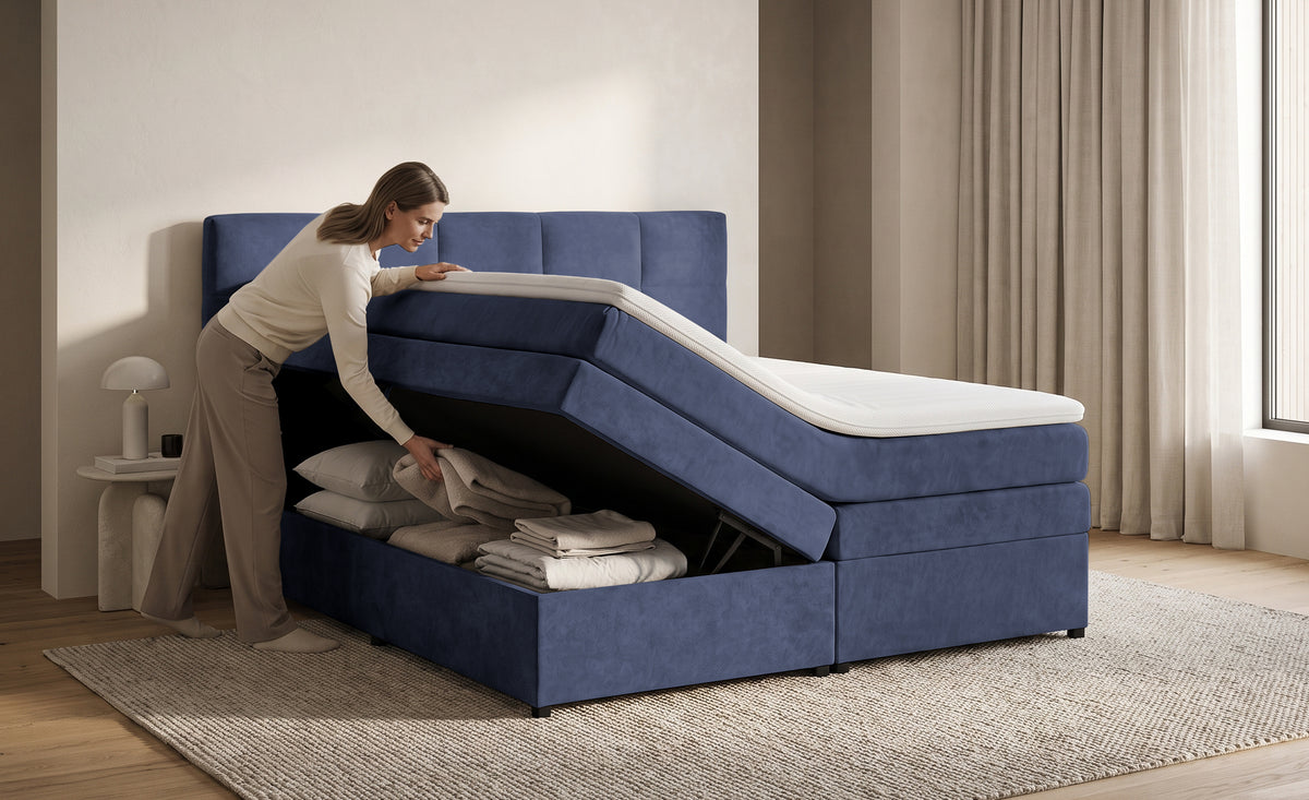 Pat Boxspring Gibson, cu lada de depozitare, Albastru Inchis, Prestigehome.ro, Prestige, #Color_Albastru-Inchis-Enjoy