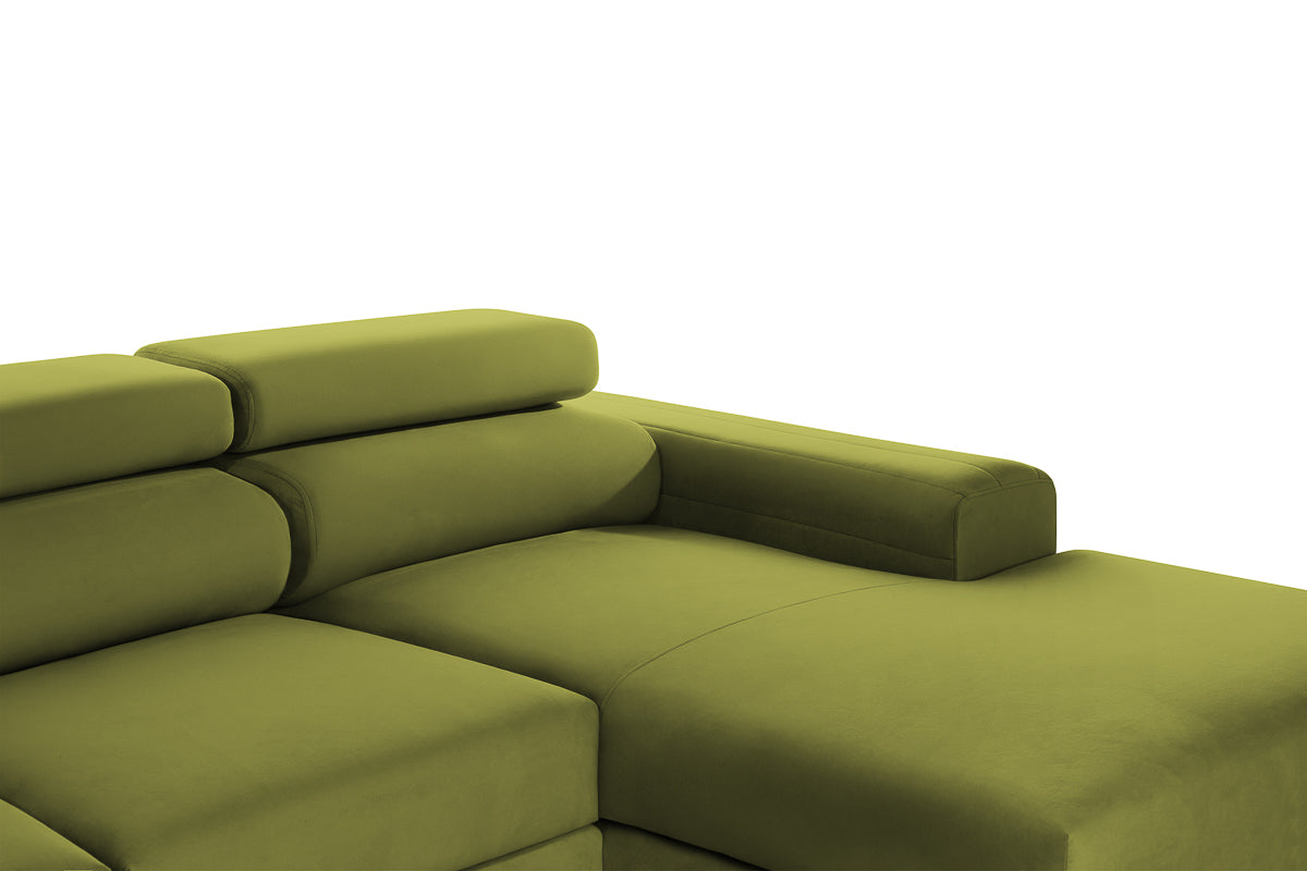 Colțar Extensibil LOFT, cu lada depozitare, tetiere reglabile, 295x170x95 cm, #color_Verde-Olive-Velluto