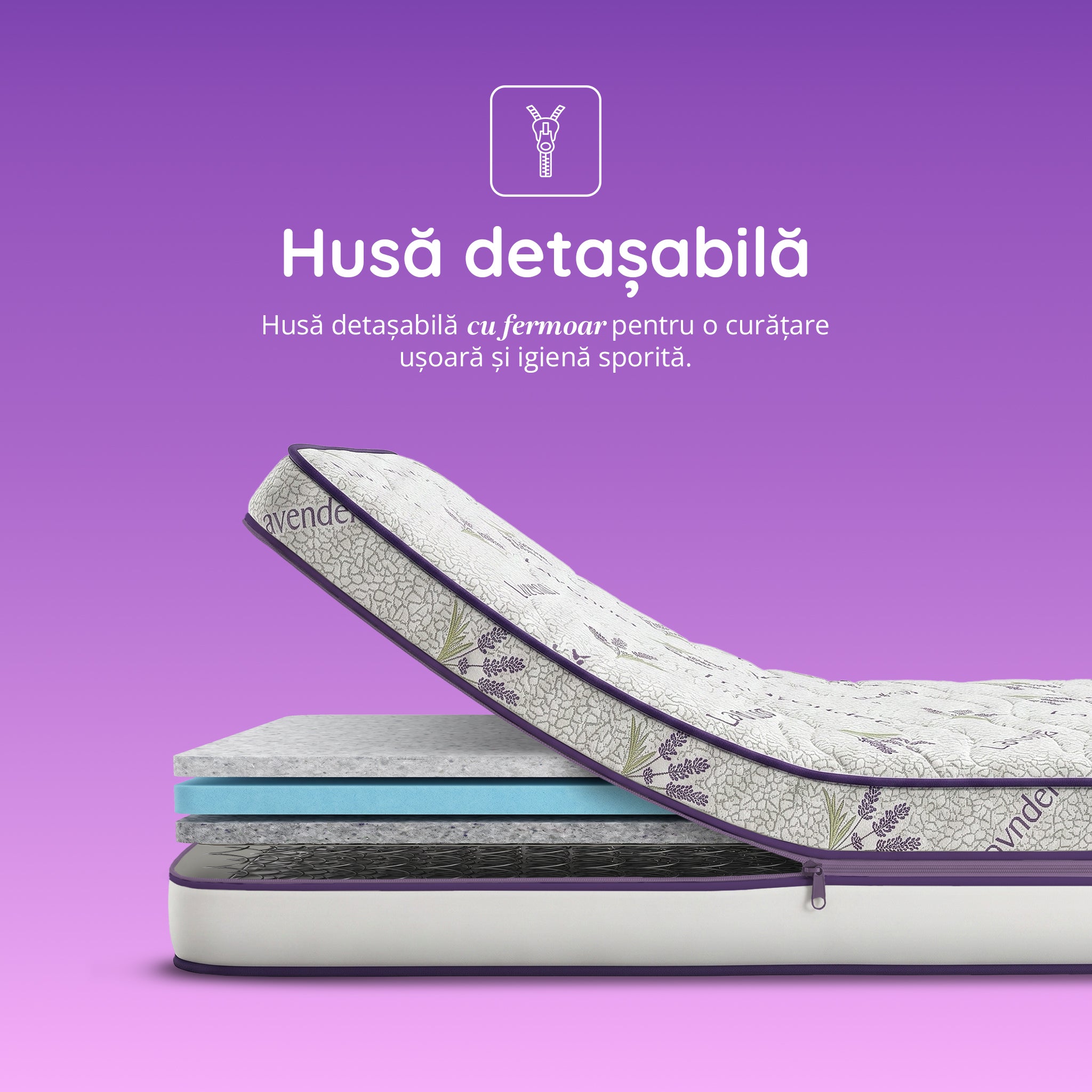 Saltea LAVENDER AIR HYGENE THERAPY,  husă detașabilă, superortopedică, cu spumă poliuretanică și arcuri, Grosime 25 cm - Prestige Home