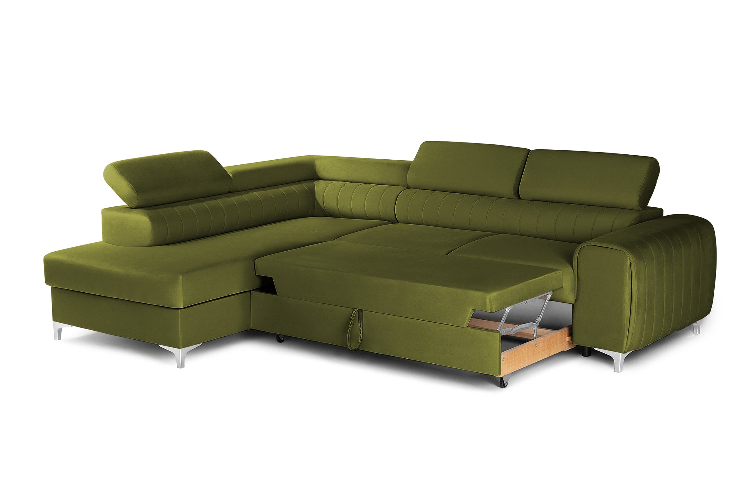Colțar Extensibil TIME, cu lada depozitare, tetiere reglabile, 285x220x95 cm, #color_Verde-Olive-Velluto
