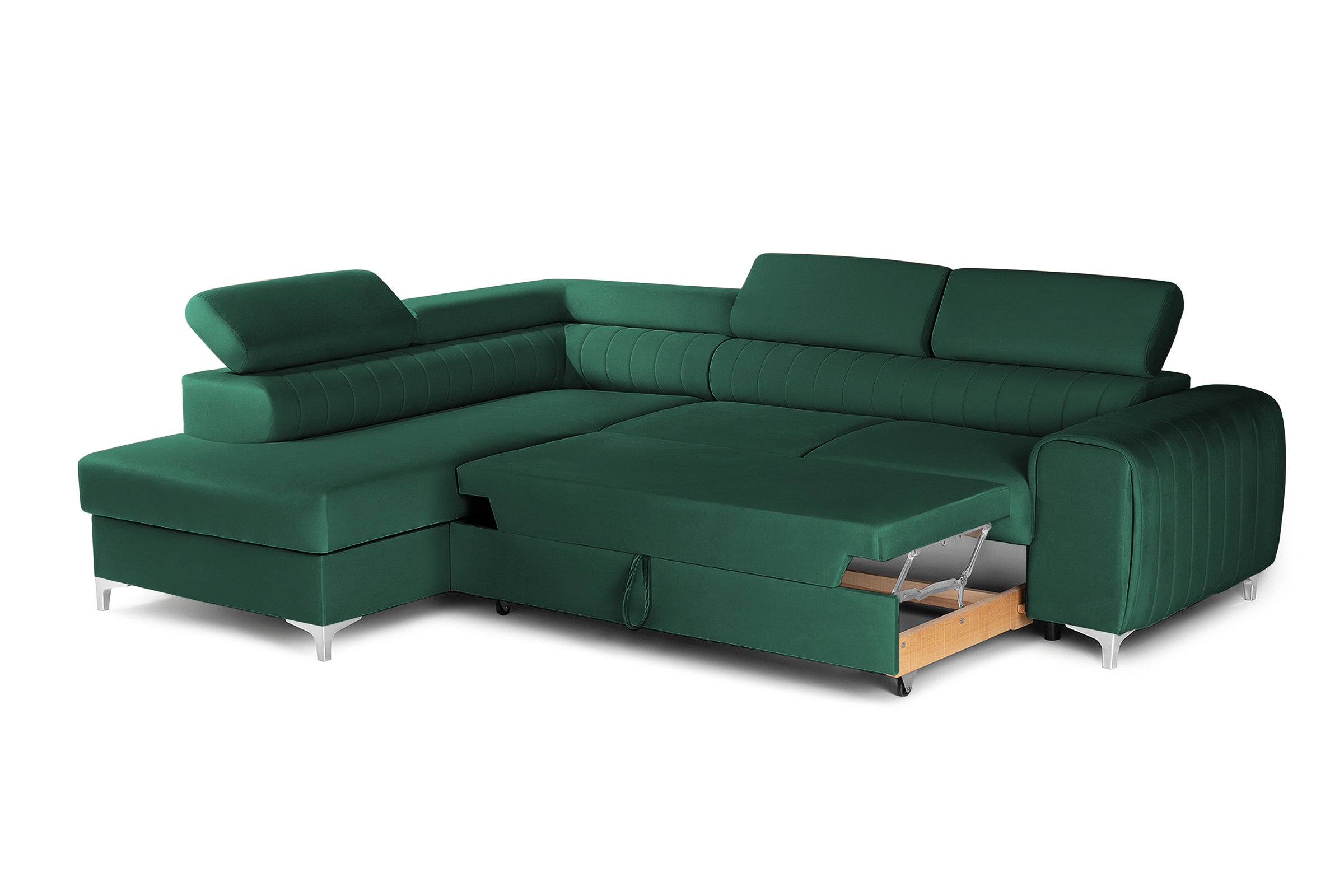 Colțar Extensibil TIME, cu lada depozitare, tetiere reglabile, 285x220x95 cm, #color_Verde-Padure-Velluto