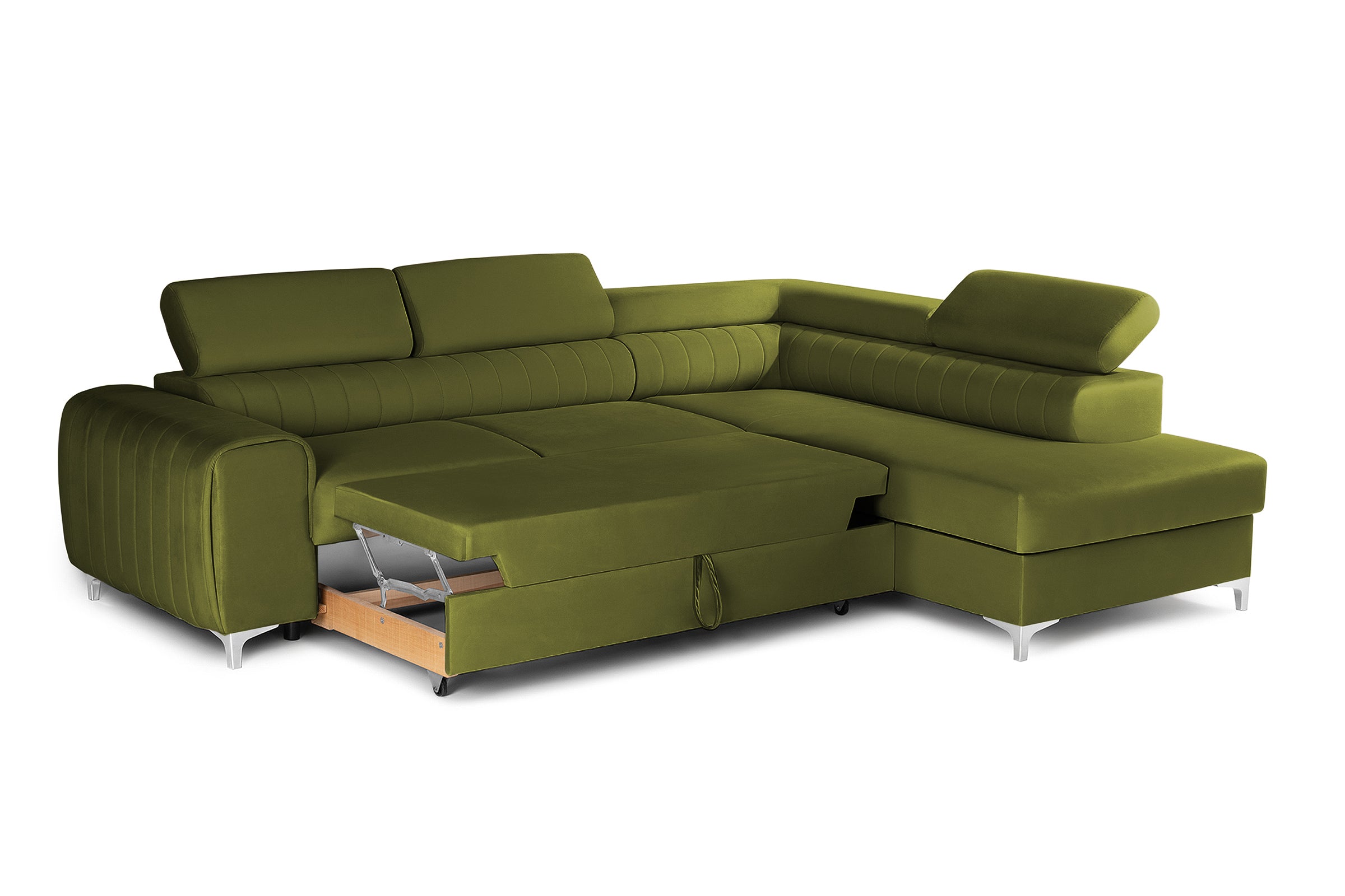 Colțar Extensibil TIME, cu lada depozitare, tetiere reglabile, 285x220x95 cm, #color_Verde-Olive-Velluto