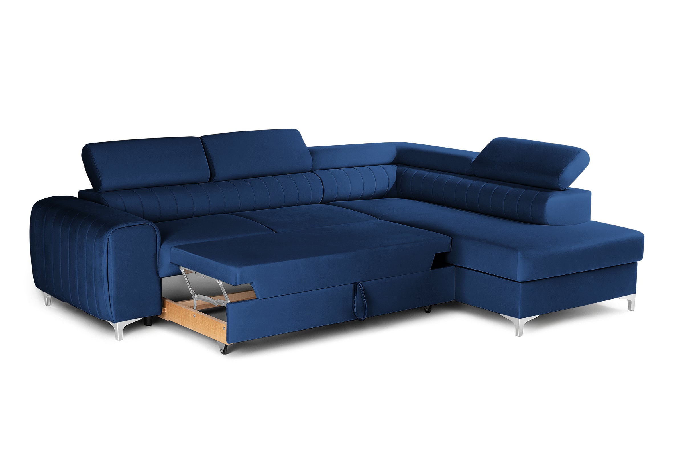 Colțar Extensibil TIME, cu lada depozitare, tetiere reglabile, 285x220x95 cm, #color_Albastru-Velluto