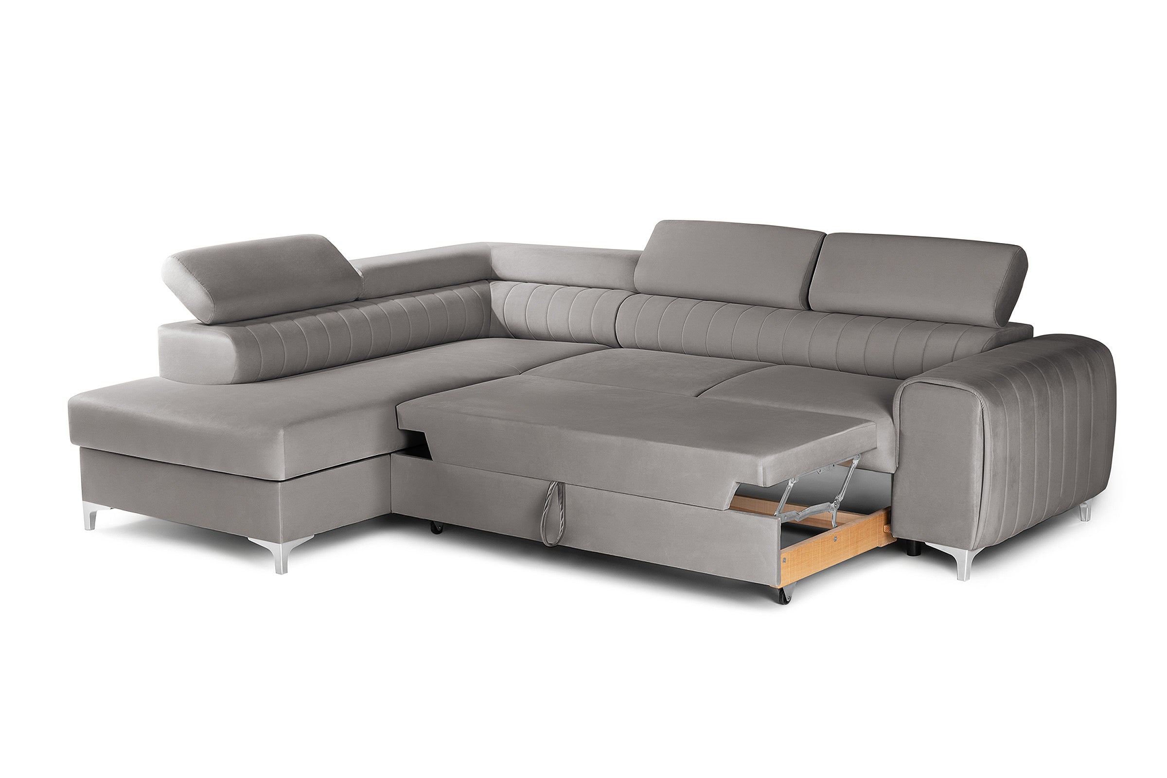 Colțar Extensibil TIME, cu lada depozitare, tetiere reglabile, 285x220x95 cm, #color_Gri-Silver-Velluto