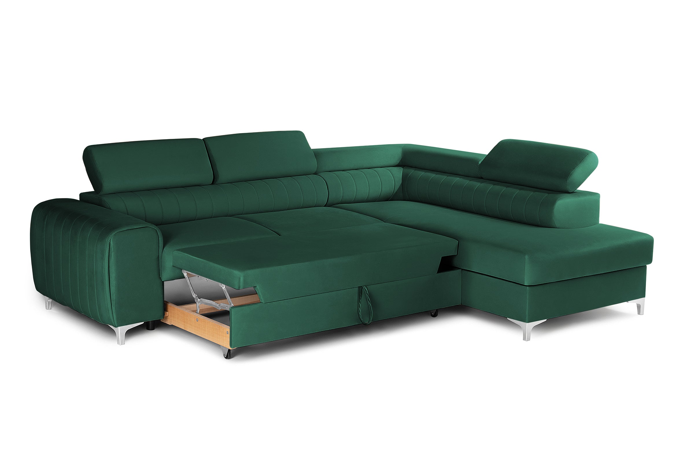 Colțar Extensibil TIME, cu lada depozitare, tetiere reglabile, 285x220x95 cm, #color_Verde-Padure-Velluto