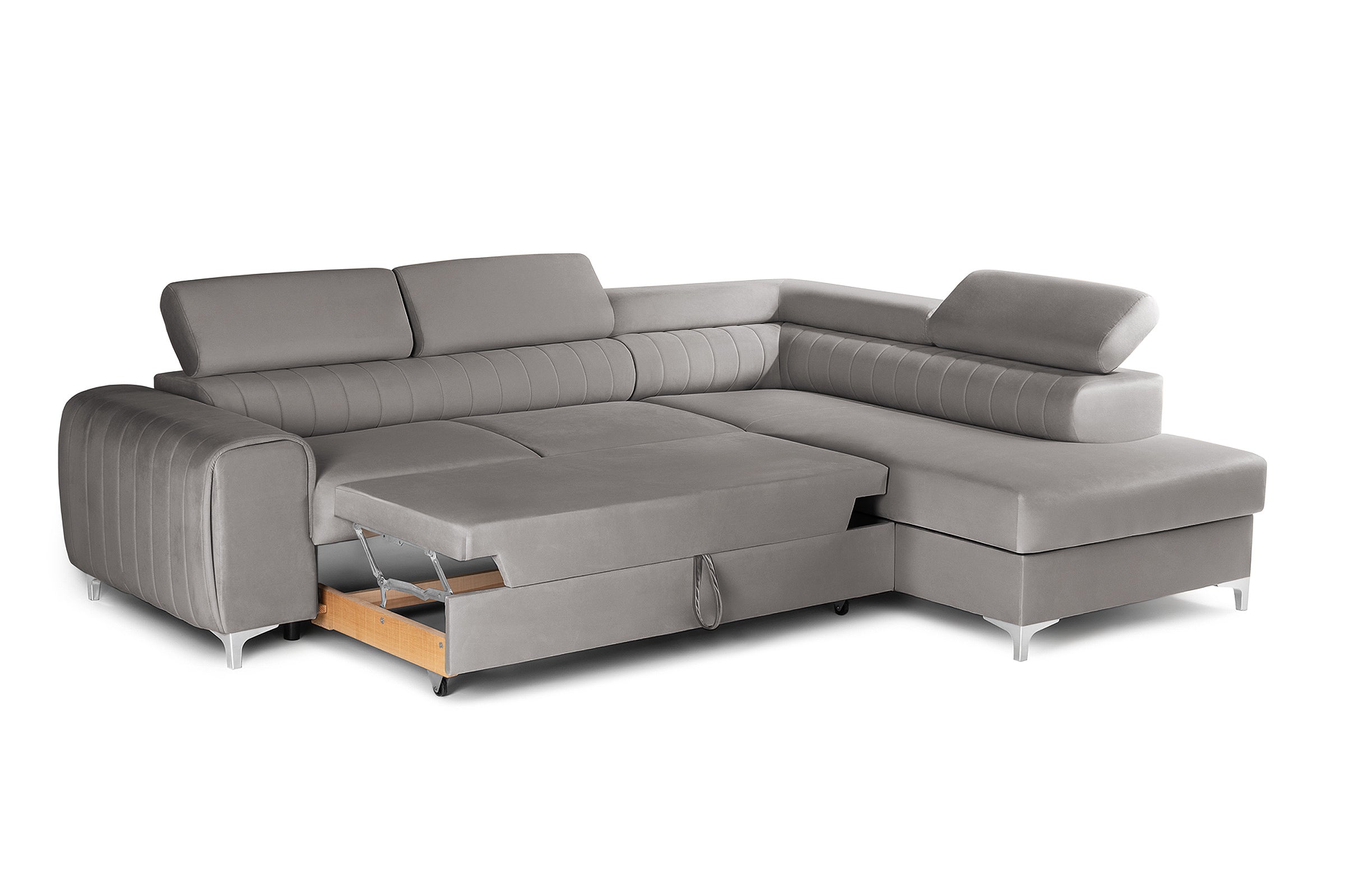 Colțar Extensibil TIME, cu lada depozitare, tetiere reglabile, 285x220x95 cm, #color_Gri-Silver-Velluto