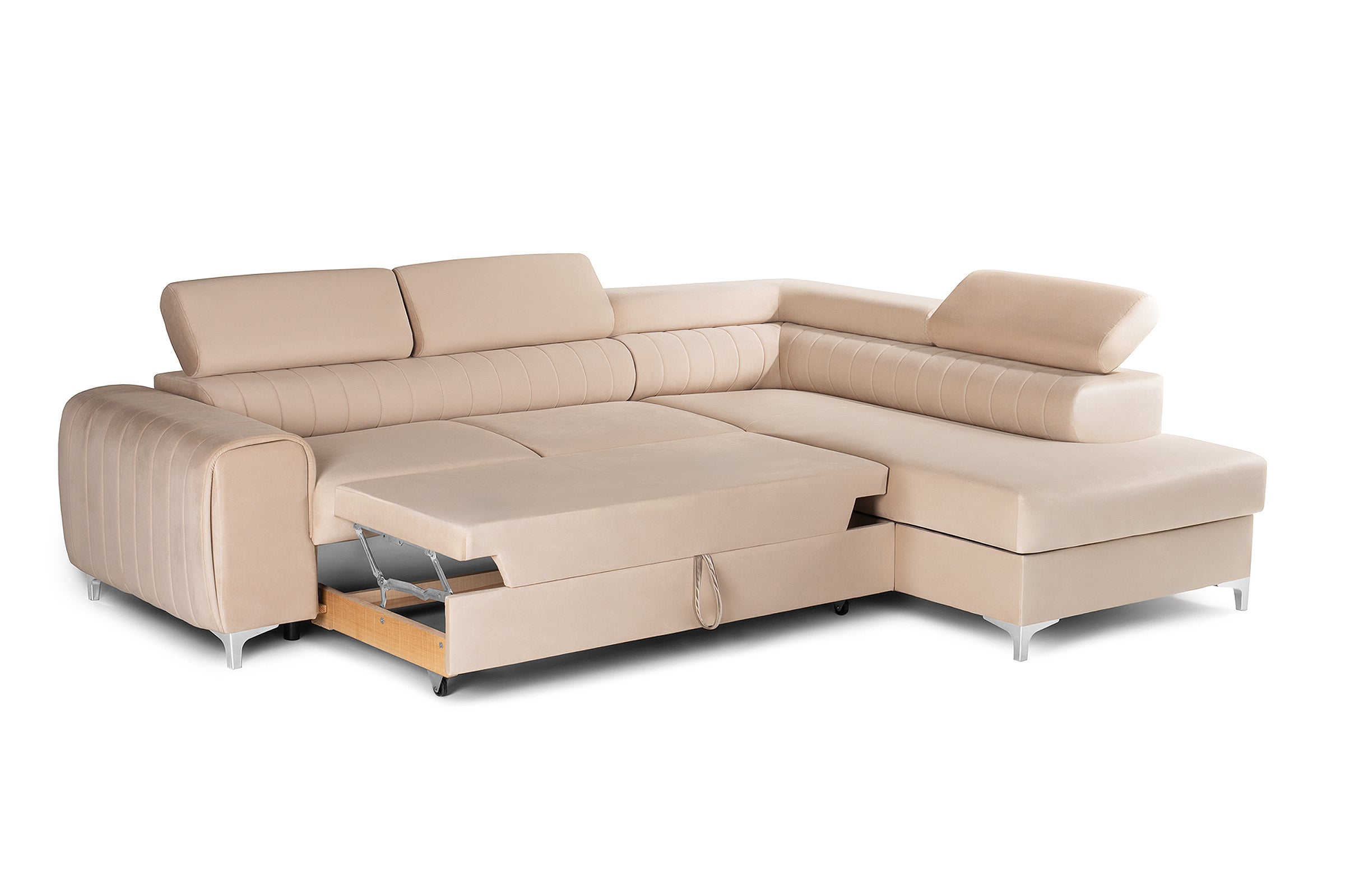 Colțar Extensibil TIME, cu lada depozitare, tetiere reglabile, 285x220x95 cm, #color_Bej-Velluto