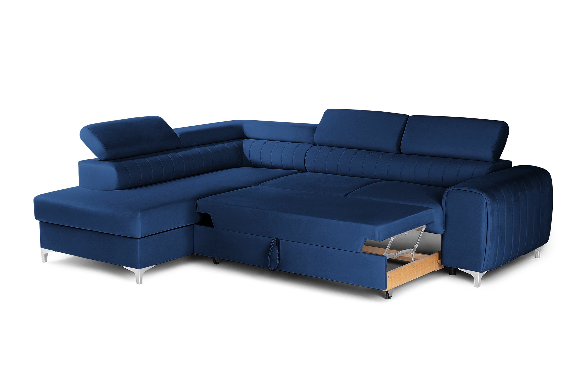 Colțar Extensibil TIME, cu lada depozitare, tetiere reglabile, 285x220x95 cm, #color_Albastru-Velluto
