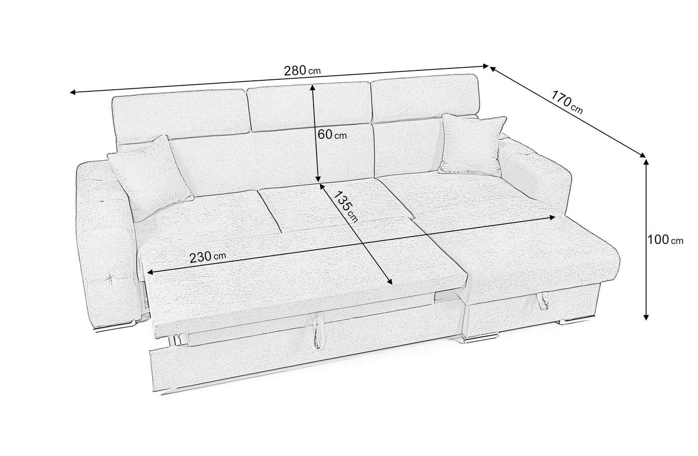 Colțar Extensibil BELLAGIO, șezlong interschimbabil, cu ladă de depozitare, cu tetiere reglabile, 280x170x100, Antracit - Outlet