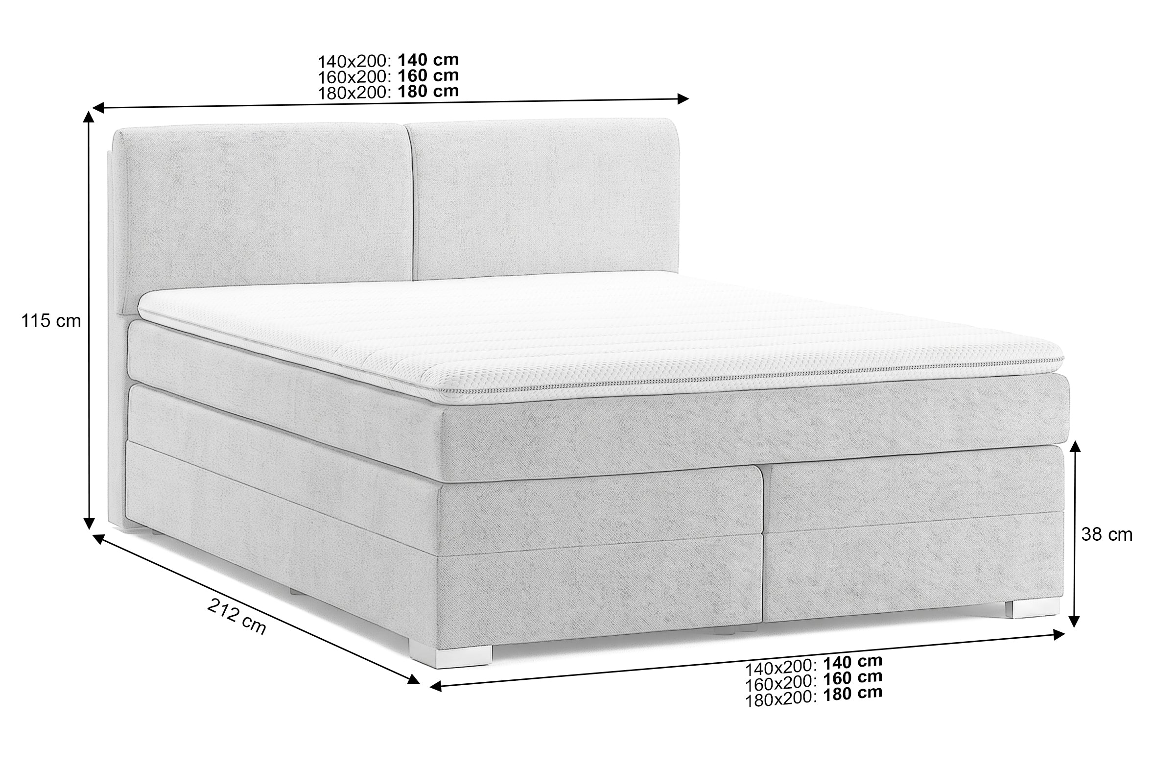 Pat Boxspring Charlotte, cu ladă de depozitare, saltea și topper incluse