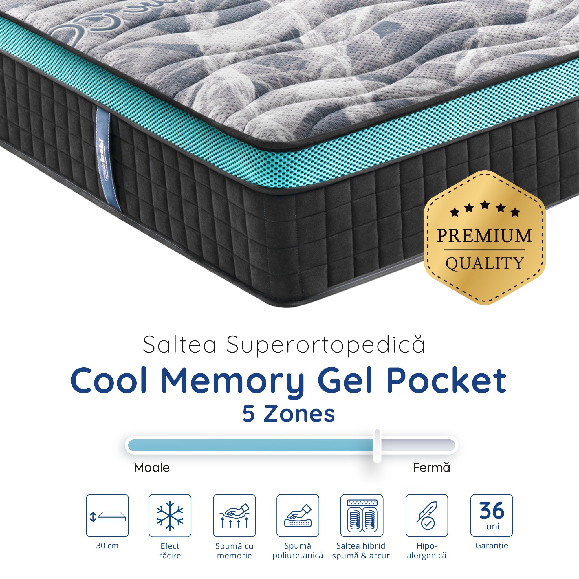 Saltea Ideal Sleep COOL MEMORY GEL POCKET 5 Zone, Arcuri individuale, spumă poliuretanica elastică, spumă cu memorie cu gel de răcire, husă CoolActive, superortopedică, Grosime 30 cm
