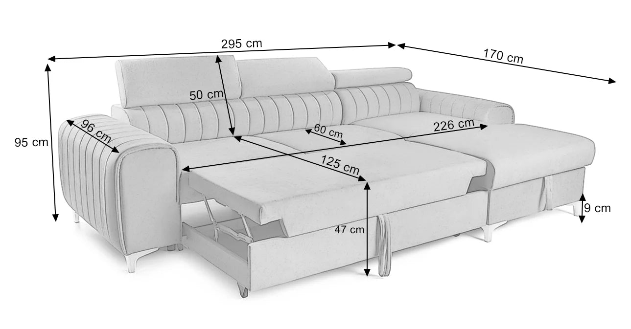Colțar Extensibil LOFT, cu lada depozitare, tetiere reglabile, varianta pe dreapta, 295x170x95 cm, Crem - Outlet