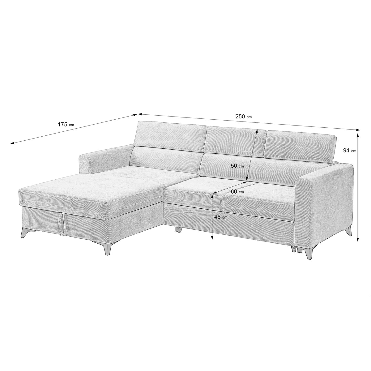 Colțar Extensibil MIZZONI, cu lada depozitare, tetiere reglabile, 250 x 175 x 94 cm