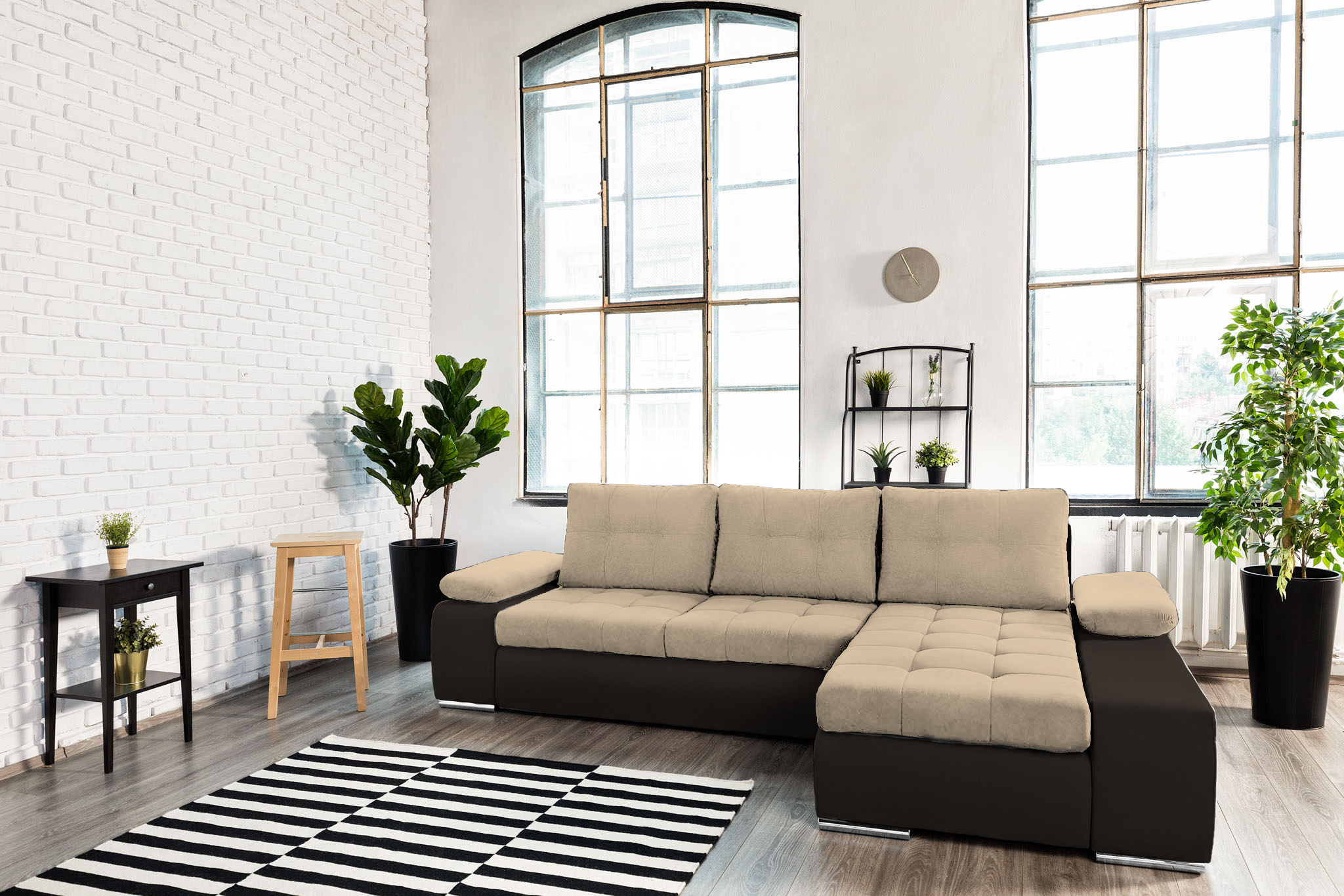 Colțar Extensibil VENETIA, cu ladă de depozitare, variante stânga/dreapta 290x170x80 cm, #color_Bej-Cafeniu-Enjoy