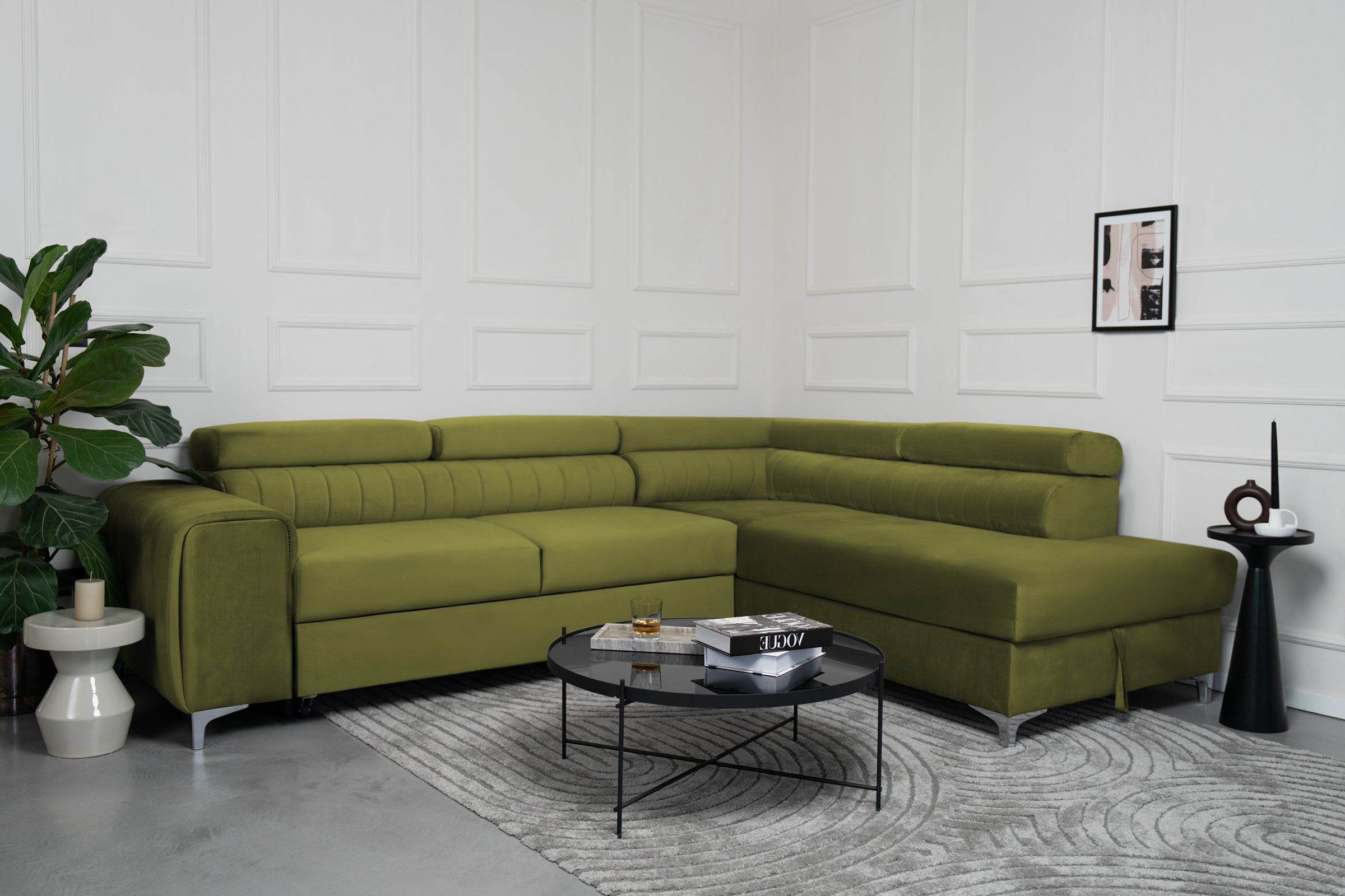 Colțar Extensibil TIME, cu lada depozitare, tetiere reglabile, 285x220x95 cm, #color_Verde-Olive-Velluto